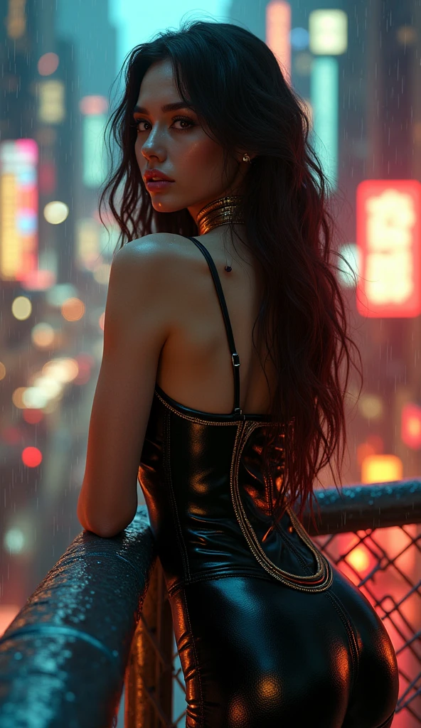 photo of a 25 years old european girl, RAW, beautiful woman, (extra long wavy brown hair), ((portrait)), ((detailed face:1.2)), ((detailed facial features)), (finely detailed skin), pale skin, (high detailed deep cleavage cyberpunk steel dress), cyberpunk megacity environment, (cold colors), damp, moist, reflections, (masterpiece) (perfect proportion)(realistic photo)(best quality) (detailed) photographed on a Canon EOS R5, 50mm lens, F/2.8, HDR, (8k) (wallpaper) (cinematic lighting) (dramatic lighting) (sharp focus) (intricate)