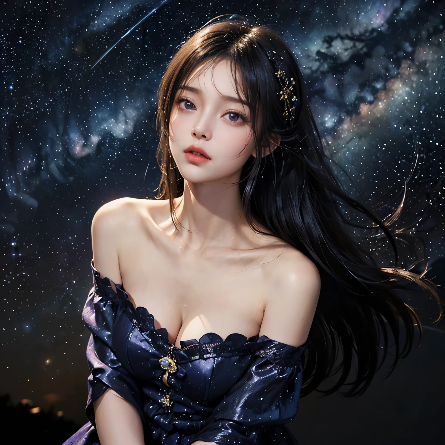 a beautiful girl: glow hair, blue eyes (0.9), dress with super beautiful crystals, ,bandages,breasts,city lights,constellation,crescent moon,earth \(planet\),fireworks,full moon,galaxy,light particles,long hair,milky way,moon,moonlight,night,night sky,planet,shooting star,sky,snowing,solo,space,sparkle,star \(sky\),star \(symbol\),starry background,starry sky,starry sky print,