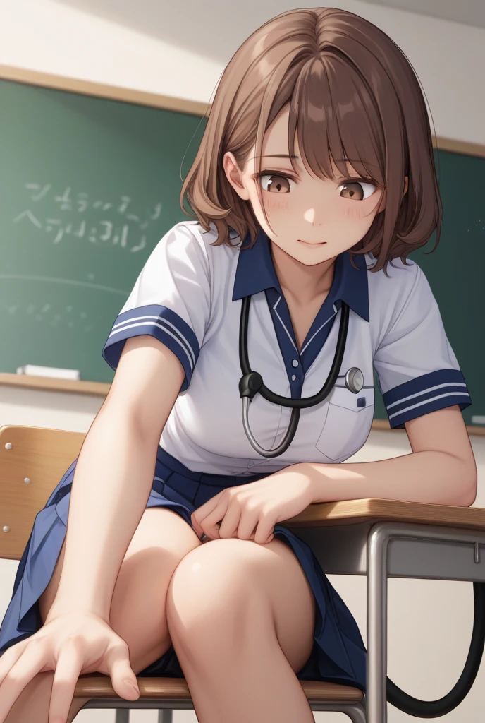 ((Tabletop, highest quality, High resolution, , Pixel Perfect, 4K,))), 1 female teacher, single, alone, beauty、The whole body is visible、 ((Mid-wave hair, bangs, Brown Hair)), ((Brown eyes, Beautiful eyelashes, Realistic eyes)), ((Detailed face, Blushing:1.2)), ((Smooth texture:0.75, Realistic texture:0.65, Realistic:1.1, Anime CG Style)), Center of chest, Dynamic Angle, Perfect body, (( , , Wearing a white coat、Female doctor、、, 、))、、Very embarrassing panic smile, 、black flared skirt、classroom、Sit on a chair、Lifting her skirt to show her panties、、(Showing off her white and pink floral lace panties、)、Angle from below)、