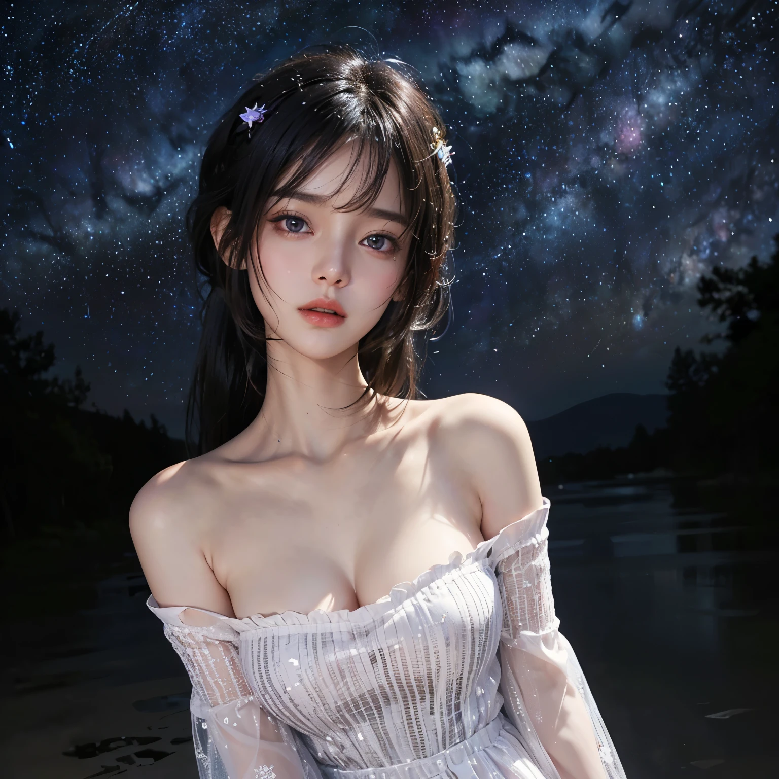 8k, masterpiece, RAW Photos, Highest quality, Realistic, Very detailed, Depth of written boundary, Cinematic Light, Anatomically correct body,
(One elegant beautiful mature woman:1.2),
Wavy black long hair, Very beautiful face, Exquisitely detailed face, Goddess-like deity々Beautiful, Glamorous Body, Very sensitive skin, Transparent white skin, (Large shapely breasts:1.1), Sexy ass, Sexy thighs,
(Silk high slit dress:1.2), Detailed cloth texture, Gorgeous necklace, Gorgeous earrings,
Dark starry background, Milky Way Galaxy, Meteors, Dark coastline at night, Pitch black sea surface,
Low angle shot,