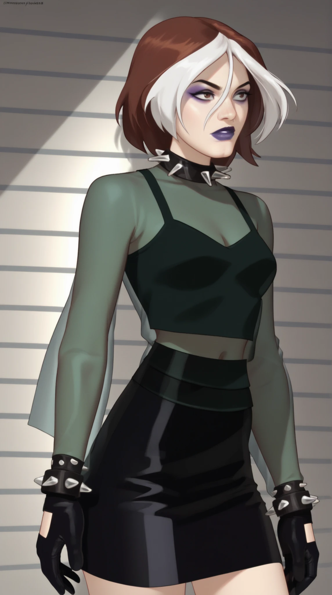 source _ cartoon , score_9, score_8_up, score_7_up, score_6_up, score_5_up, score_4_up, BREAK, perfec eyes, perfect face, 1girl, 1 girl, rogue, wonder, multicolored hair, brown hair , brown eyes , white hair , black leather gloves, purple lipstick , purple eye shadow, green eyes, transparent shirt, skirt, spiked necklace , spiked bracelets , dynamic pose, dynamic shot, mugshot