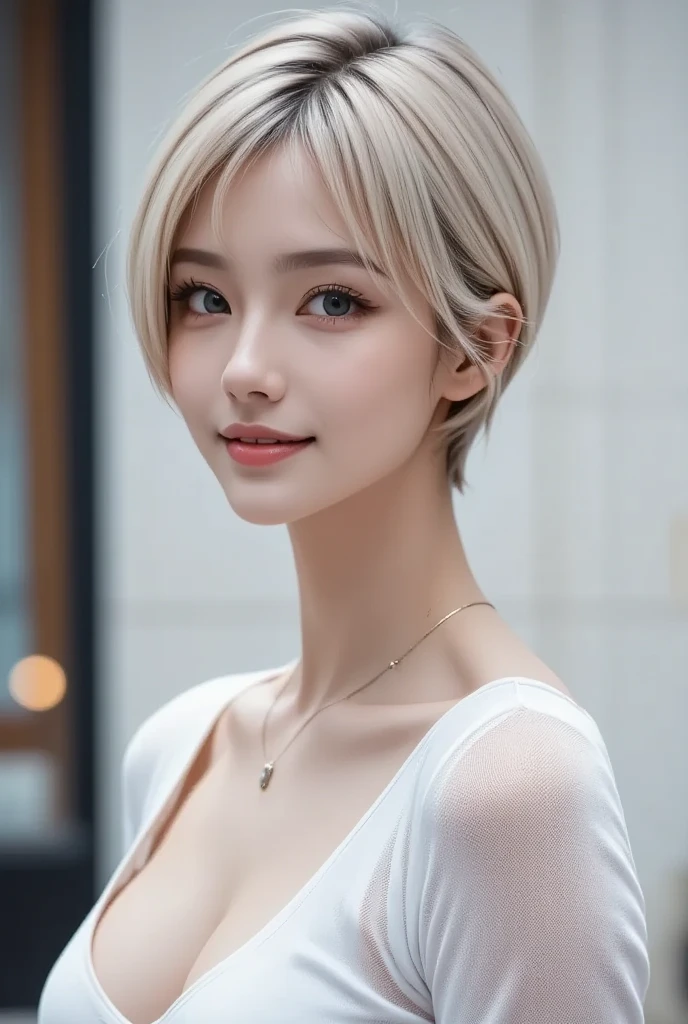 (RAW photo, Best quality), (Realistic, photo-realistic:1.3), Masterpiece, An extremely delicate and beautiful, Extremely detailed, CG, Unity , 2k wallpaper, Amazing, finedetail, Light smile, Extremely detailed Cg Unity 8K wallpaper, hugefilesize, Ultra-detailed, A high resolution, absurderes, Soft light, (((Short hair:1.3), short length bangs, Silver hair, Floating hair NovaFrogStyle)), Beautiful detailed girl, Detailed fingers, Extremely detailed eyes and face, Beautiful detailed nose, Beautiful detailed eyes, Long eyelashes, light in face, view the viewer, (Closed mouth:1.2), 1girll, Cute, Young, Mature face, (full bodyesbian:1.3), (Medium breasts), Realistic face, Realistic body, Beautiful detailed thighs, (ulzang-6500-v1.1:0.8), clothes