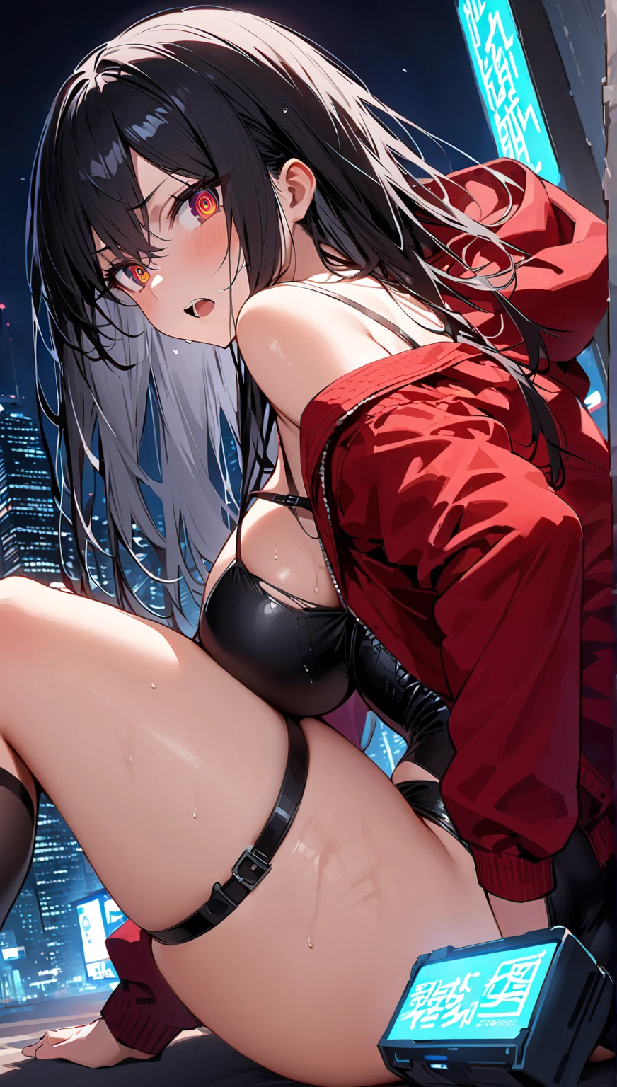 masterpiece,anime style,chibi,sexy girl,black hair,shoulder length hair with two pigtails,bikini,smiling,larger breasts,waiting on the right side of the image,showing cleavage,full body,standing,