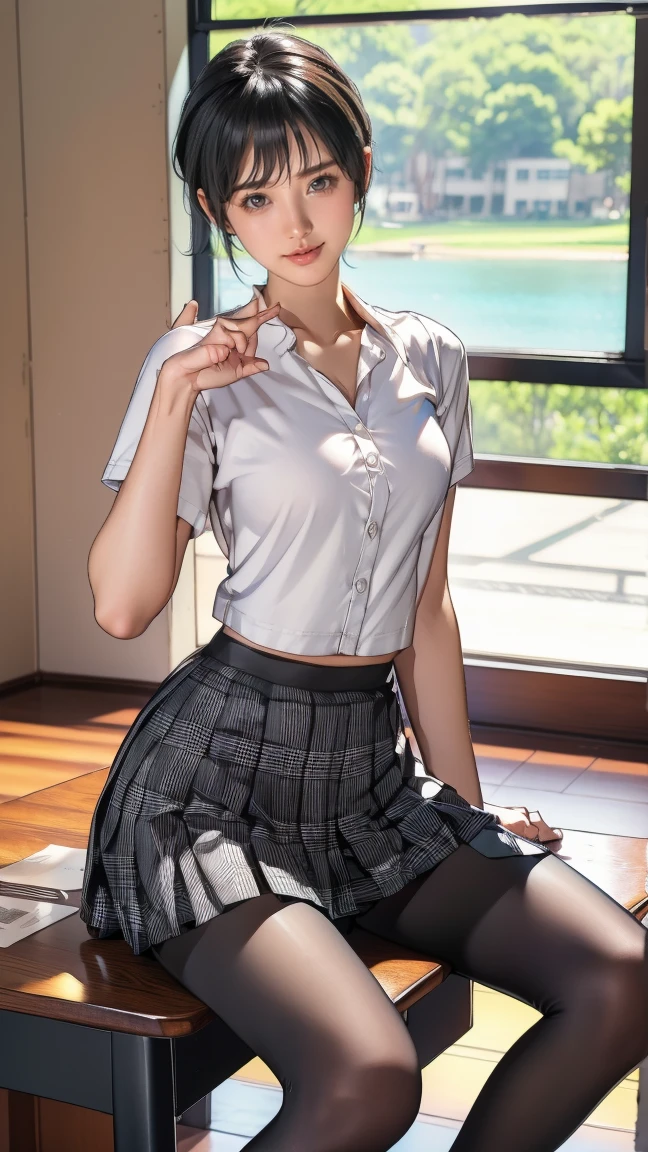 short hair, 前髪のあるshort hair, Woman with pretty face, Cute little face in a portrait, French Bob, White skin!!, 短い茶色の髪とBig eyes, Soft Portrait Shot 8k, Beautiful light、Big eyes, Beautiful woman, Young girl with bob cut, Full body shot,Best image quality, Tabletop, Leonardo da Vinci&#39;s Notebooks Da Vinci, Leonardo da Vinci&#39;s manuscript in the background,show off your thin legs,