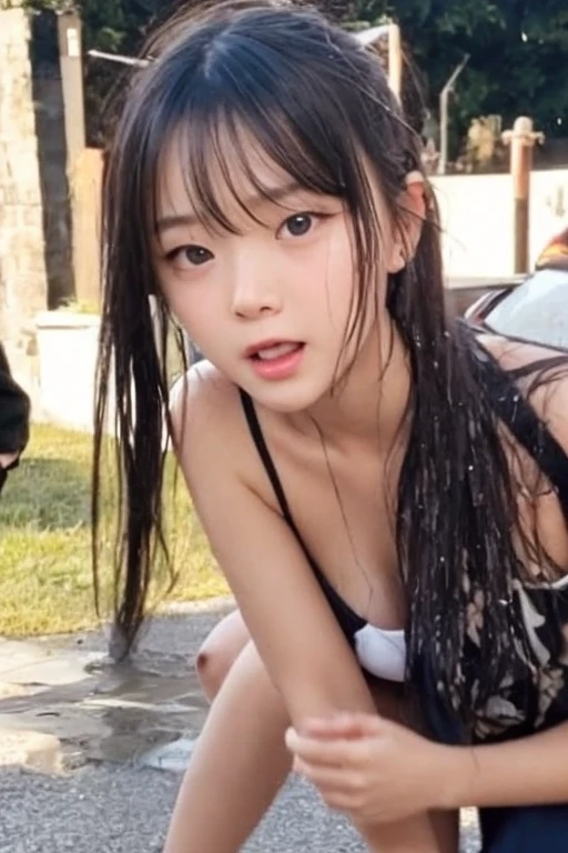 (Hyper-realistic)、(a picture)、(hight resolution)、(in 8K)、(ighly detailed)、(Best Illustration)、(Beautiful detailed eyes)、(top-quality)、(ultra-detailliert)、(Master masterpiece)、(wall-paper)、(Detailed face:1.4)、drooping eyes、full of sweat、Full-body close-up、short-length hair、inner colored、独奏、1 woman in Japan、sixteen years old、(flat chest:1.4)、(Armpit、hairarmpits)、(Straighten your back while raising your arms、Squatting and legs open、skinny thigh)、(Black one-piece swimsuit:1.8、Black High Leg Swimsuit:1.8、Black High Neck Swimsuit:1.8、See-through black swimsuit:1.8、Wet black swimsuit:1.8、very lowleg、Sweat、Shiny skin)、(Ahegao、red blush、Rolling eyes、put out the tongue、A detailed eye、二重まぶた、thin cheeks、 shinny skin、shiny small neck、shiny lip、lighting on the face)、Front photo、Cameltoe、(Covered_Nipples:1.4、nipple piercing:1.4)