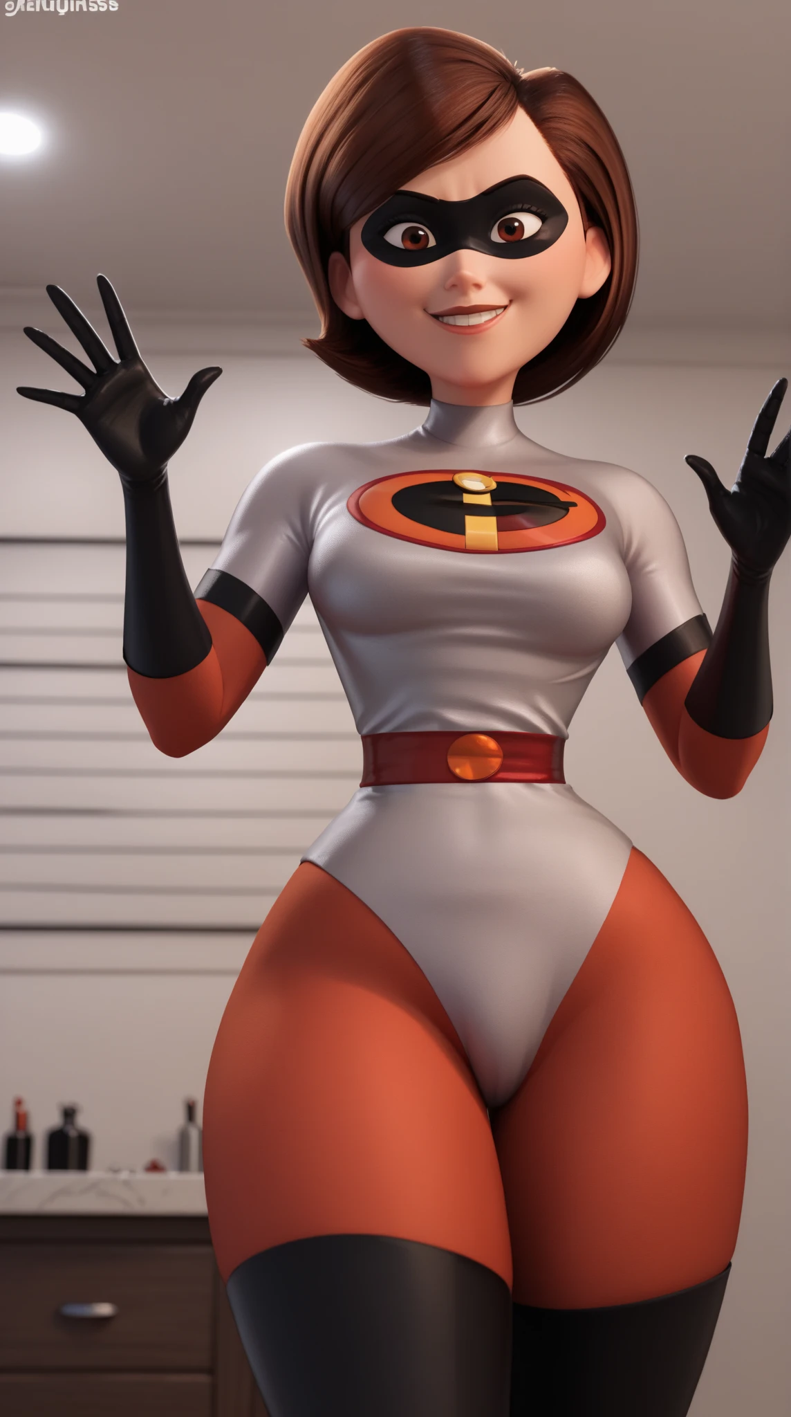 score_9,score_8_up,score_7_up,score_9,score_8_up,score_8,ultra detailed,beautiful face,beautiful hands,detailed background,detailed face,4k,HD,8k,highres,antialiasing,detailed,texture BREAK helenparrSDXL,1girl,short hair,brown hair,thighhighs,gloves,brown eyes,bodysuit,superhero,domino mask,cowboy shot, mugshot ,from below, smile