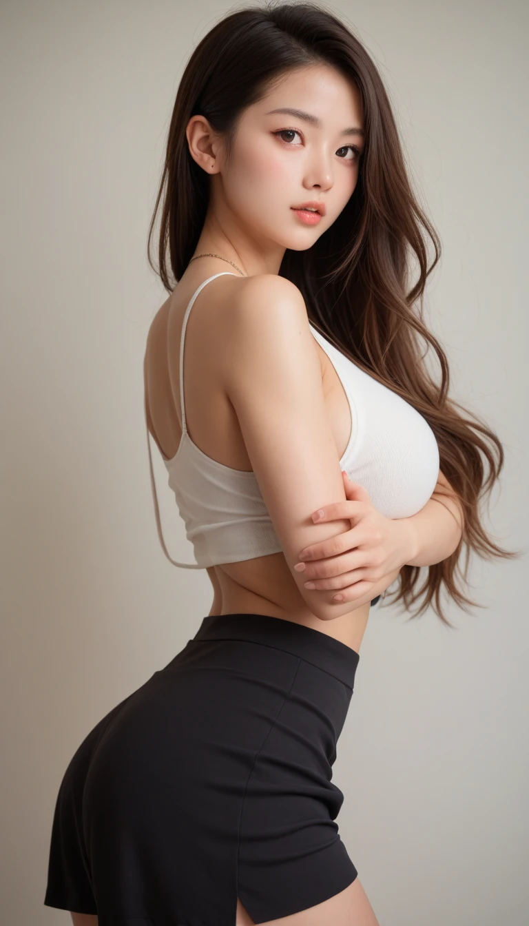 1girl, russian model women, long hair, plumpy body, perfect body, tall body, slim waist, abnominal muscle, (large breast:1.3), (big butt:1.3), flirting pose, indoor, minimalist living room background, tight t-shirt, short skirt, black hair, black hair, eye reflection, makeup, sleepy, bored, Fujicolor, masterpiece, ccurate, anatomically correct, textured skin, super detail, 4K