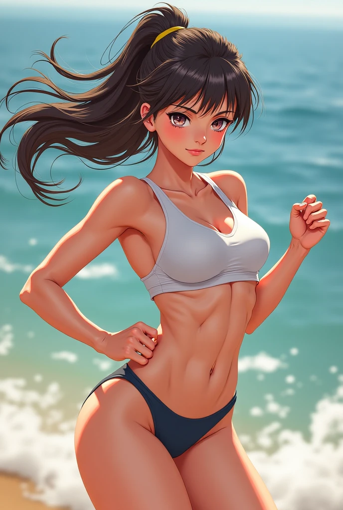 highest quality、Realistic、girl、zoom、Light blue eyes、Long Hair、Light blue swimsuit、Tanned black body、A well-trained body、muscle、Abdominal muscles、AthleteBlondeBlackSkin、slender、Sweat、Small breasts、Ocean、Bust Shot