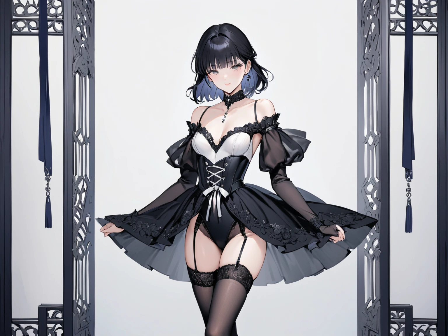 ((Top quality, masterpiece, freak, super resolution)), 1 girl, Japanese model,,Smooth black hair,The woman wears a bodysuit-style covering (corset dress) from the chest to the hips. The neckline is a deep V-cut with straps and the skirt is decorated with short tulle frills. The corset also has a garter belt. ((Base colour is white with black transparent lace on the front)). The front centre of the corset is decorated with delicate black floral lace and a white ribbon. The skirt is ruffled with transparent tulle and is light. The stockings are also black lace. The contrast between black and white is beautiful and the delicate lace and tulle details emphasise the elegant and sexy atmosphere.