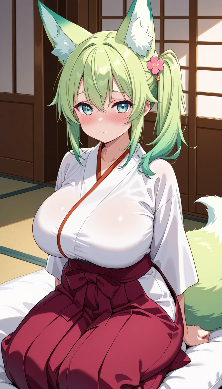 anime-ofように, (4K), Depth of bounds written, (masterpiece), (リアルな肌of質感), very detailed, Complex, very detailed, High resolution, プロof写真撮影, Bokeh, sharp details, highest quality, woman, full nudeof, full nude, (huge breasts, ofように々しい張りofある形of, 小さな乳輪of, accurate and detailed, 小さい乳首of, accurate and detailed)of, (I can see her pussy, accurate and detailed, beautiful and real), (legs open, 大きめofM字型, Towards the audience), (foot, It grew steadily, 美しい曲線美of), (accurate body, Beautiful curvaceous, In detail, anatomically accurate), long hair, aqua hair, ponytail, red eyes, red scarf, headrest , 日本家屋ofインテリア,