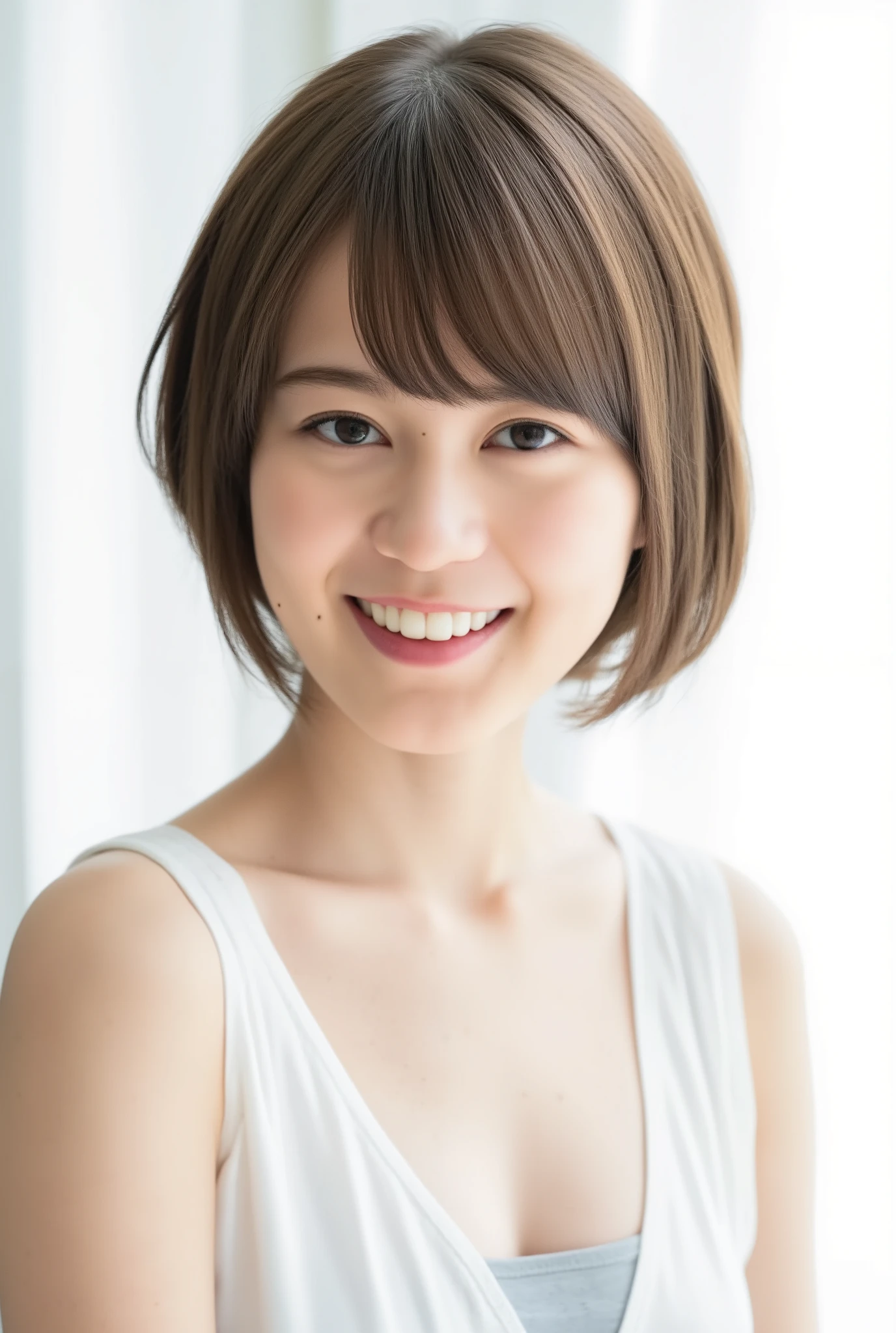 In this high-resolution photo、and bangs _Erica. she's a young Japanese woman named Ikuta with brown hair that reaches her shoulders、((Grey underwear))、I have white skin. She is looking straight into the camera、 with a joyful expression. The background is blurry, It looks like a window with white draped curtains. The lighting is soft and natural , The overall atmosphere of the image is calm and quiet. the whole image is bright and soft . ((very short hair))