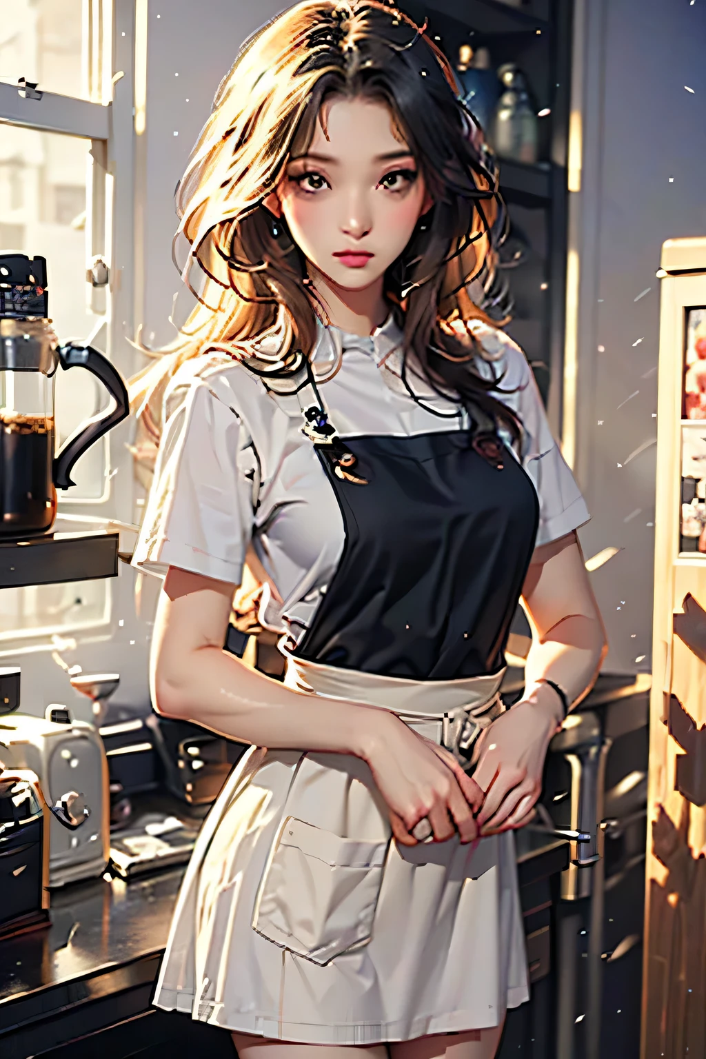 animation、HD、high resolution、Woman working in a coffee shop、miniskirt、early morning、soft light、Retro interior、 beige apron 、