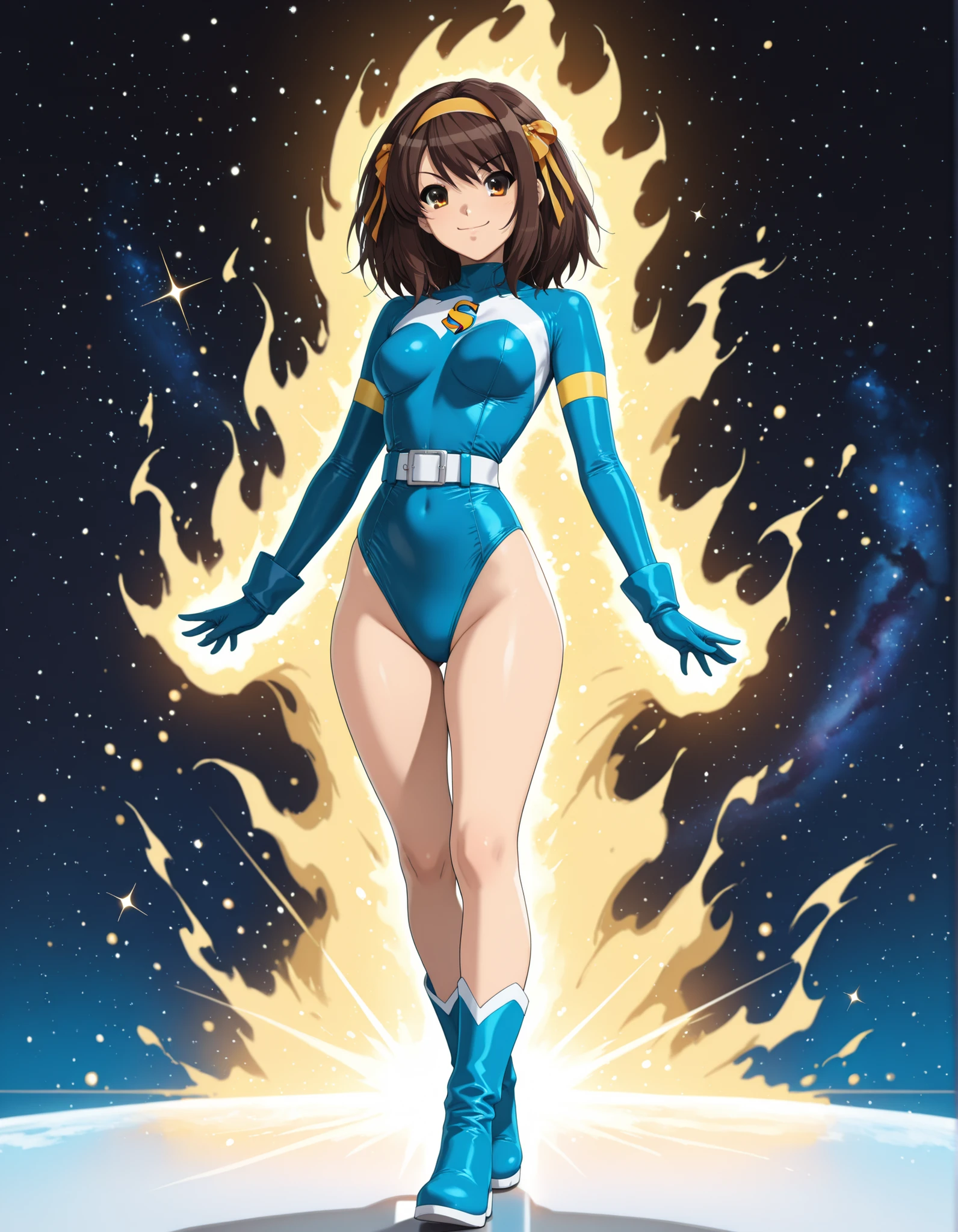 (masterpiece), (best quality), (high res), highly detailed, professional, 1girl, tall body, wonder, superhero, blue choker, blue eyes, blue footwear, blue gloves, matching boots, (blue leotard, competition swimsuit, elastic sleeves), medium breasts, brown hair, knee boots, short hair, bob hair, solo, determined, serious, full body, college-age female, cowboy shot, full body costume design. desert backdrop. ((T-pose, standing straight with legs together)). (spins fast in place like a tornado, whirls fast in place like a tornado, tornado whirling, spiral lines around her, spinning energy pulse around her, storm winds around her, whirls into a tornado, (she whirls) in (super speeds)). full body costume design. curved sword slash. she super-spins.