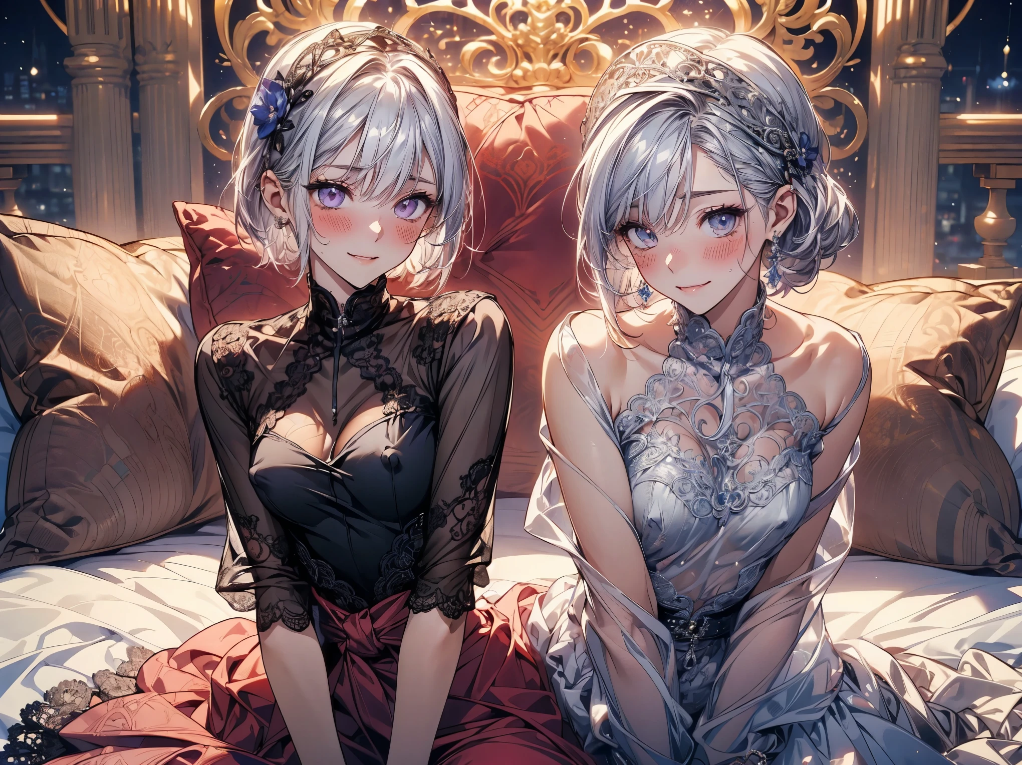 (highest quality、masterpiece、Super detailed),((super fine illustration)),((,highly detailed skin)), 1 girl、Short Bob Hair、Silver Hair、Braiding、Ahoge、busty,((shiny skin))、(bedroom)、Detailed Background、(Heart-shaped pupils、Ahegao、Party Dresses:1.3),Detailed face