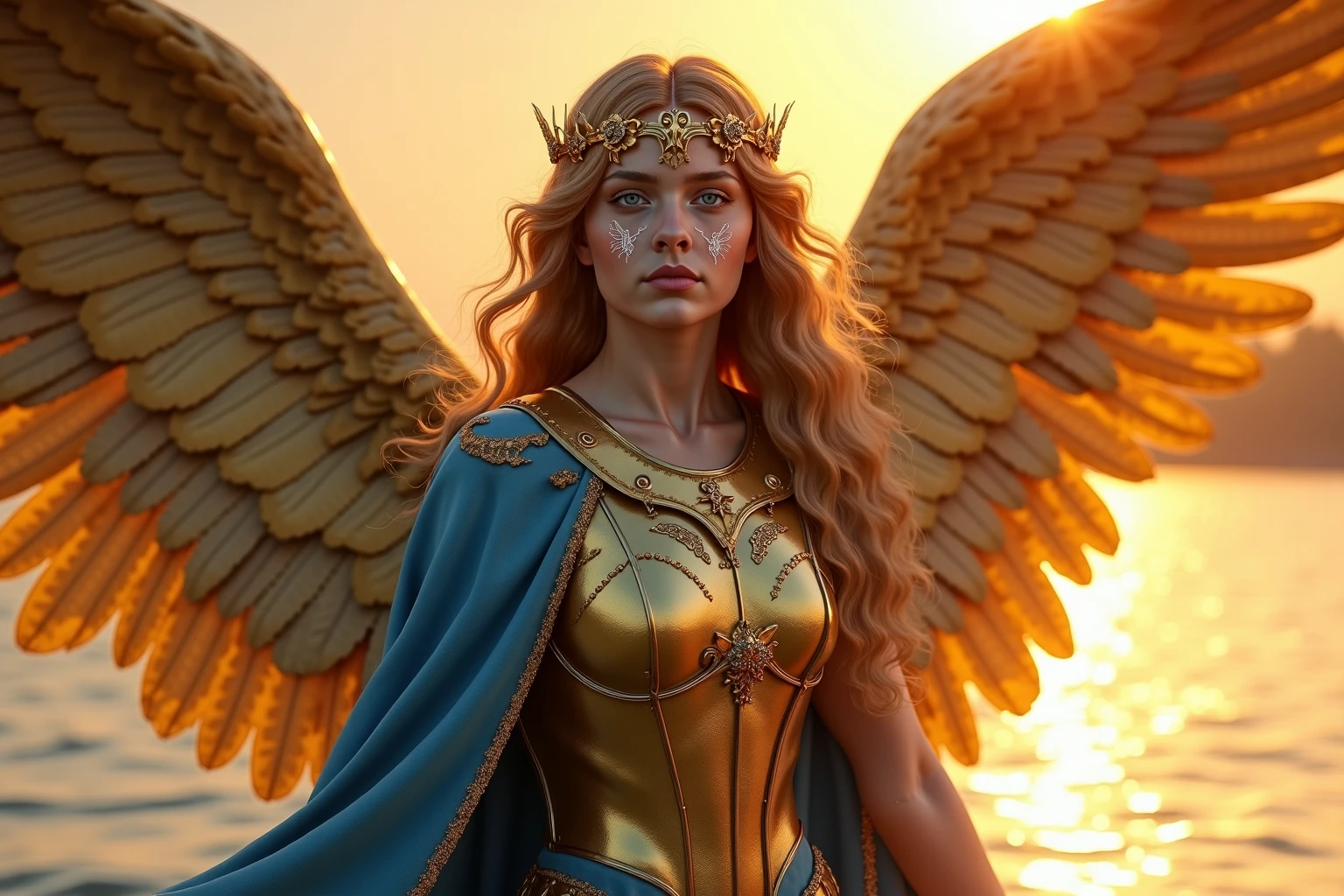 A photo of a majestic female figure adorned in golden armor, complemented by a crown featuring intricate designs and a prominent blue gem. She possesses expansive, feathered wings that radiate a golden hue. The background is ablaze with a golden light, accentuating the ethereal aura of the character. Her gaze is intense and focused, suggesting a sense of purpose or determination.