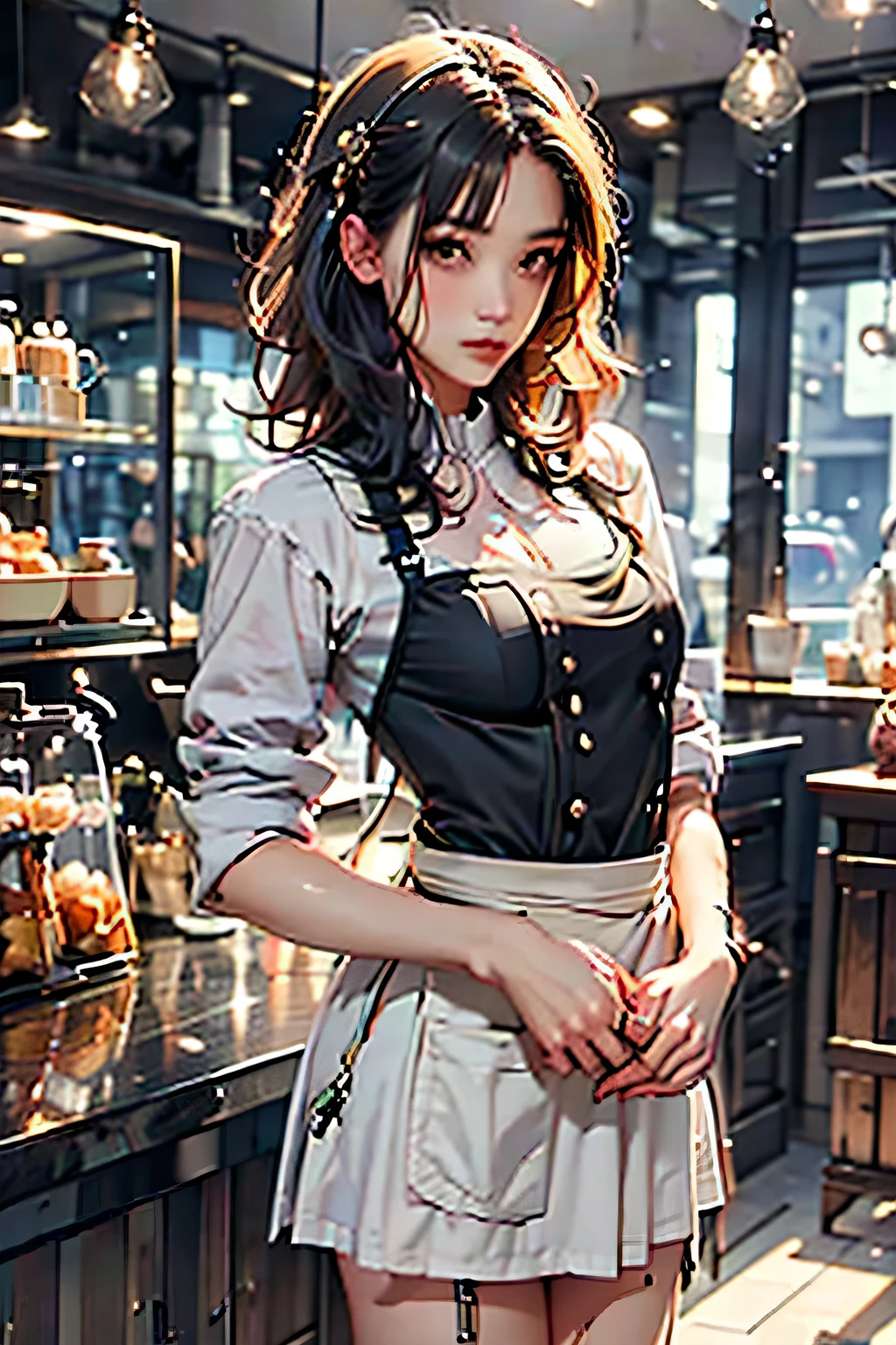 animation、HD、high resolution、Woman working in a coffee shop、miniskirt、early morning、soft light、Retro interior、 beige apron 、