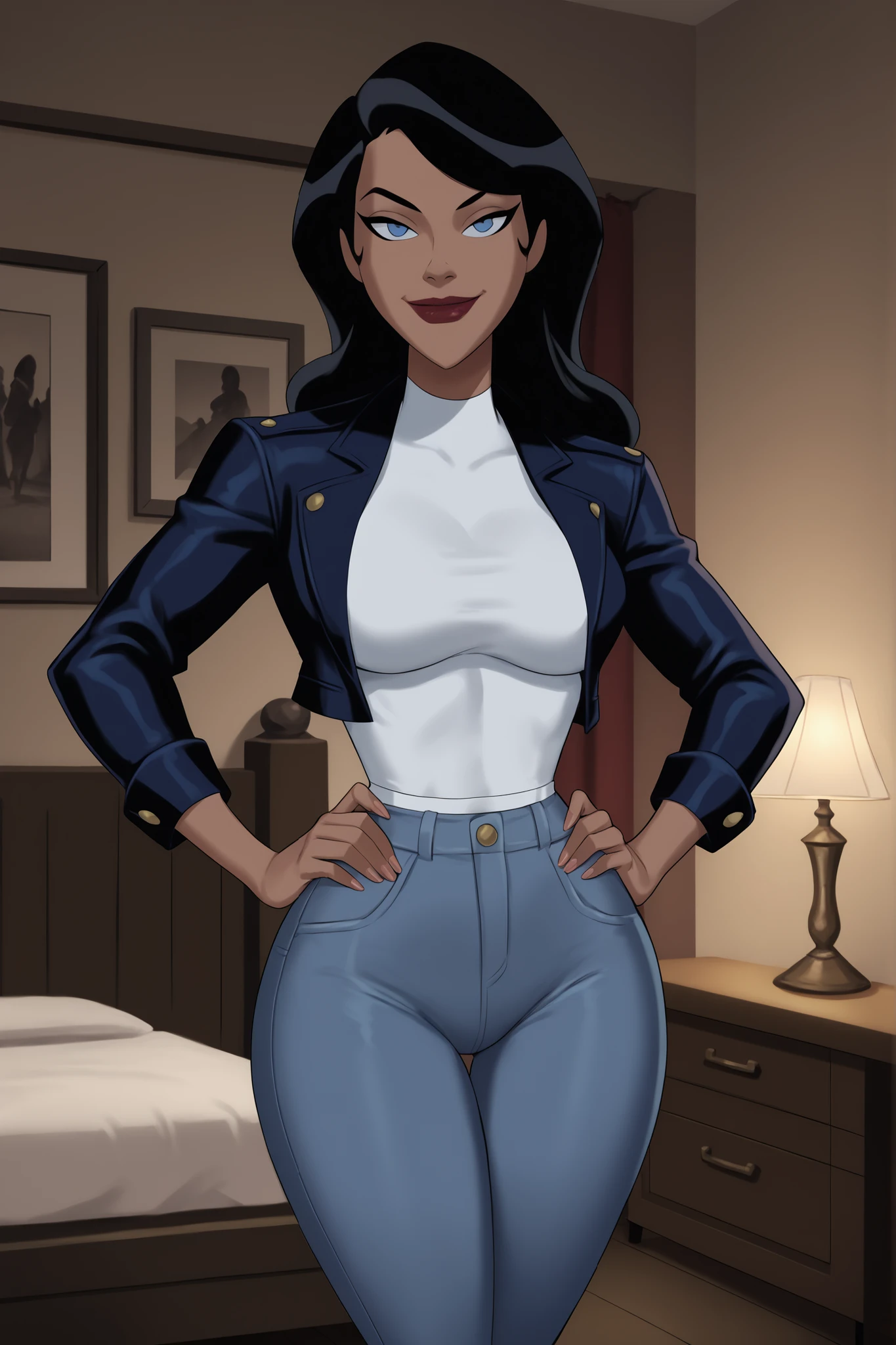 PonyXLV6_Scores BREAK ((parody) perfect anatomy, perfect eyes, cowboy shot), BREAK zatanna zatara, long hair, black hair, dark-skinned female, blue eyes, bright red lipstick, ((looking at viewer)), navy leather jacket, long sleeve, white crop top, navy jeans, large breasts, curvy, athletic, standing, indoors, smiling, closed mouth, happy expression, bedroom, hands on hips, model pose