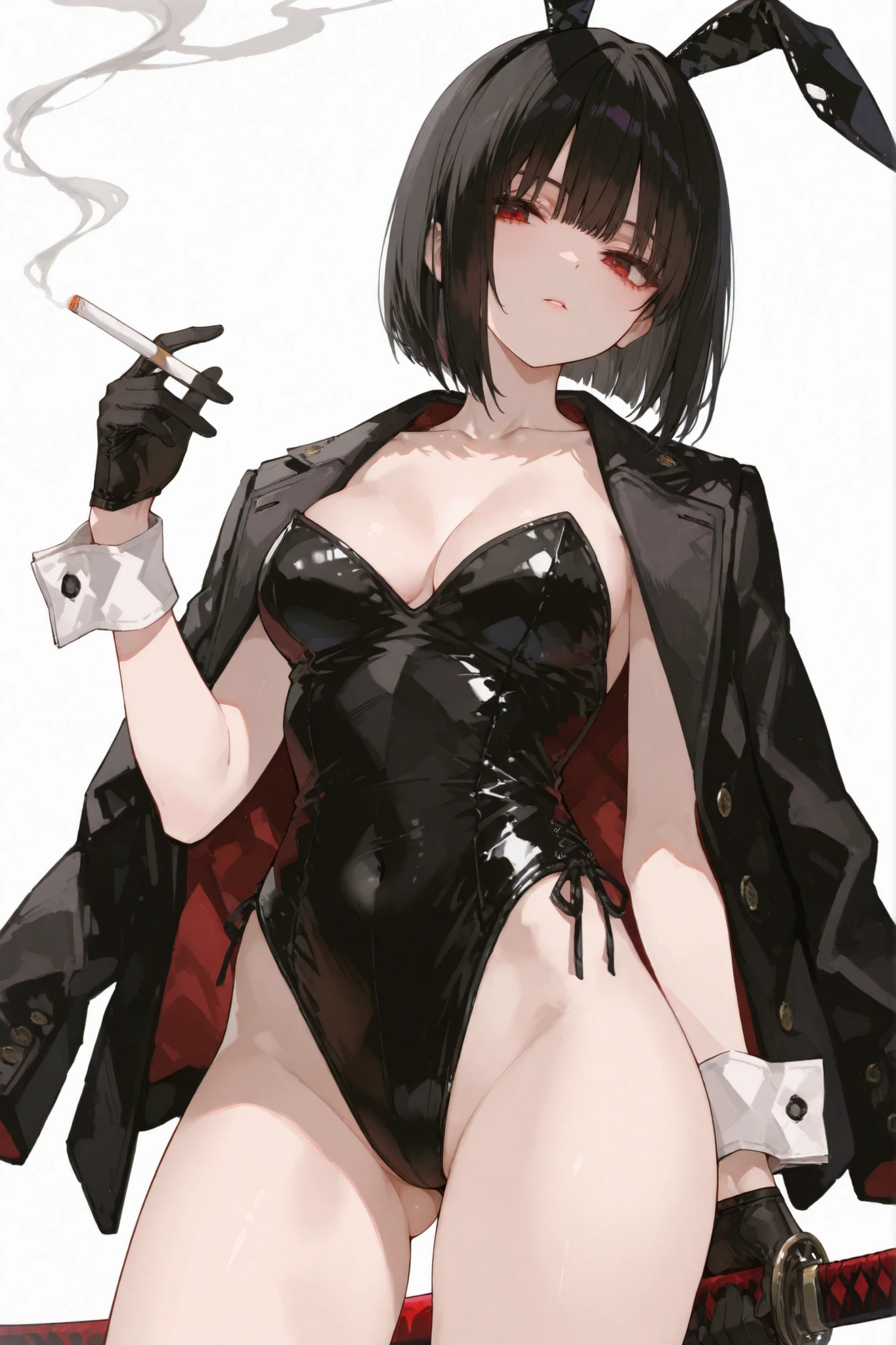 give me another one but then make her attractive smoking a cigarette sitting down on a chair in lingerie and with her legs crossed while she sits on a chair