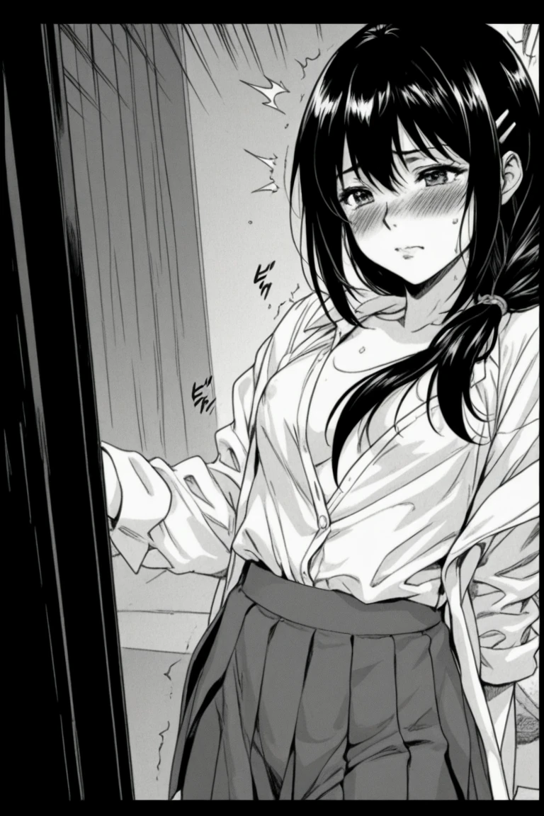 Japanese female junior high school student, 13 years old, long hair in braids, cute school uniform, unbuttoned sailor suit, skirt rolled up wide, sleeping on a bed in the nurse&#39;s office, menstrual pain, fever, sweaty forehead, flushed cheeks, sweat running down chest, steamy panties, girlish buttocks, sweaty inner thighs, flushed thighs, panties digging into, damp panties
