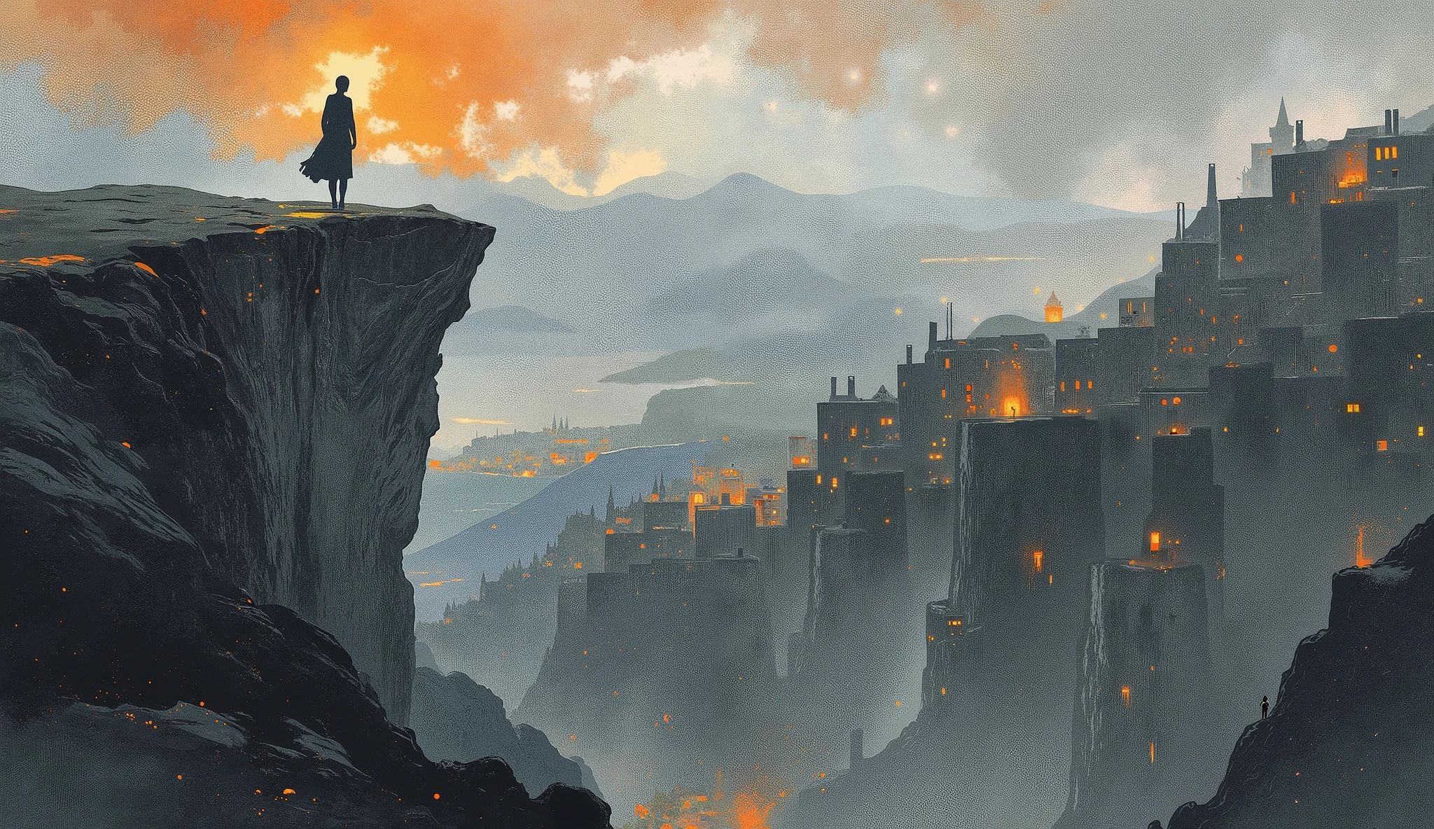 Create a illustration, color palette orange, blue, white and black, watercolor, inspired by the legend of the Grey Lady of Kinsale. The scene should depict either the ghost of the Lady standing on a cliff, gazing down into the abyss, with the faint silhouette of the city of Kinsale in the background shrouded in mist, or her ghost wandering through the quiet, empty streets of the city. The atmosphere should be eerie and melancholic, capturing both the tragic end of the lady and the haunting legend that follows her. The color palette should include deep contrasts of black and white, with hints of orange to represent the warmth of lost love and the colorful city with its lights, bluish-green to evoke coldness and sadness, and some soft gradients of light and shadow.
