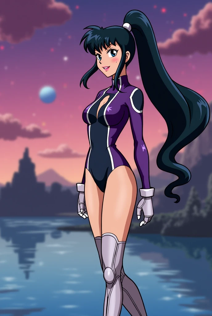 1girl, medium breasts, leotard, bare legs, gloves, boots, superhero, standing, hands on hip, city backdrop, (beautiful detailed eyes:1.6), (perfect hands, perfect anatomy), reina kousaka, smile, long hair