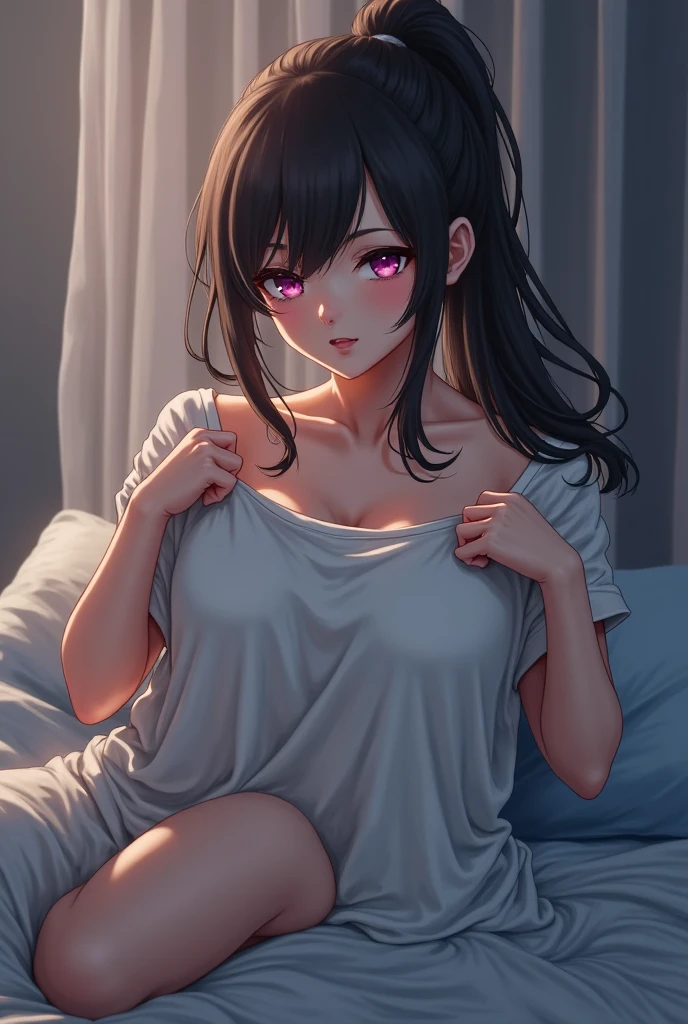 A cute high school girl seduces me while masturbating naked on the bed.、Masturbation、Beautiful、Long black hair、poneyTail、all-fours、Kneeling、opening legs