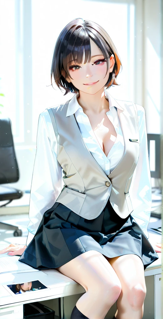 NSFW, (Official art、Best Quality、Unity 8k Wallpapers、32K、masterpiece、ultra-detailliert、super high resolution、realisitic、Photorealsitic:1.2)、(natural soft light:1.2)、Fireglow effect、film grains、Best Shadows、side lights、sideshot、(Ultra-detailed and complex 3D rendering)、Detailed beautiful face and eyes、Sharp pupils、Realistic pupiliddlebreasts、Smile、high-heels、Woman in skirt and shirt sitting on desk, Office Clothes, on desk, Sit on a desk, Sitting on a desk,bent at the knees、Opening legs、open one's legs、pantie shot、 wearing business casual dress, A sexy、business clothes, In the office, wearing a suit and glasses, Fully dressed, business outfit, embarrassed from, A slight smil、Business attire、cleavage of the breast、A sexy、