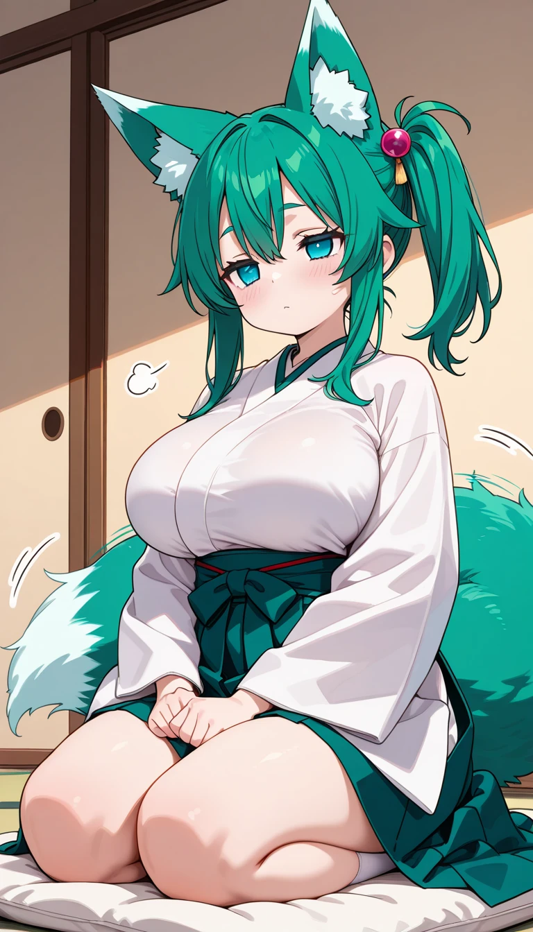 Shigure Mayoi, One girl, alone, View your viewers, blush, smile, Open your mouth, bangs, Simple Background, Animal ears, Cleavage, Medium chest, tail, kimono, Wide sleeves, Pink Eyes, Official Alternative Costumes, Hello, heart, Variegated eyes, Bright green hair, yagasuri, Gray kimono, Bath yukata, Weasel ears