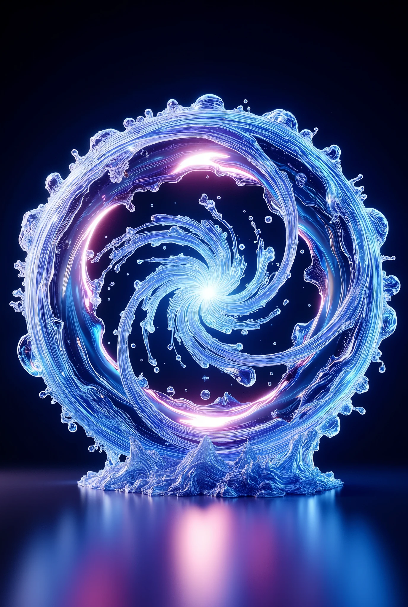 a circular design of the "Sea Art.ai"logo featuring a swirling vortex with sharpen distinct wave lines, a central energy core or holographic effect, and overlaid with an algorithm matrix image current background with a reflective surface, all rendered in a neon color scheme