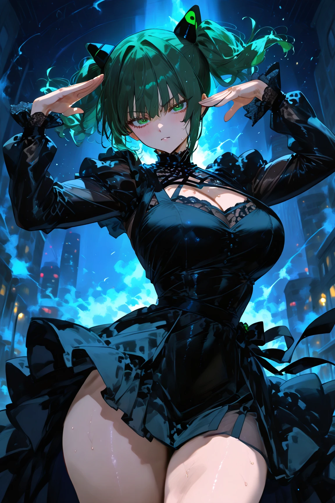 1girl, fubuki, one-punch man, green hair, green eyes, beautiful black lace dress, long dress, intricate dress, sleeveless, positive expression, posing, (cowboy shot, close up), night scenery, masterpiece, best quality, aesthetic, absurdres