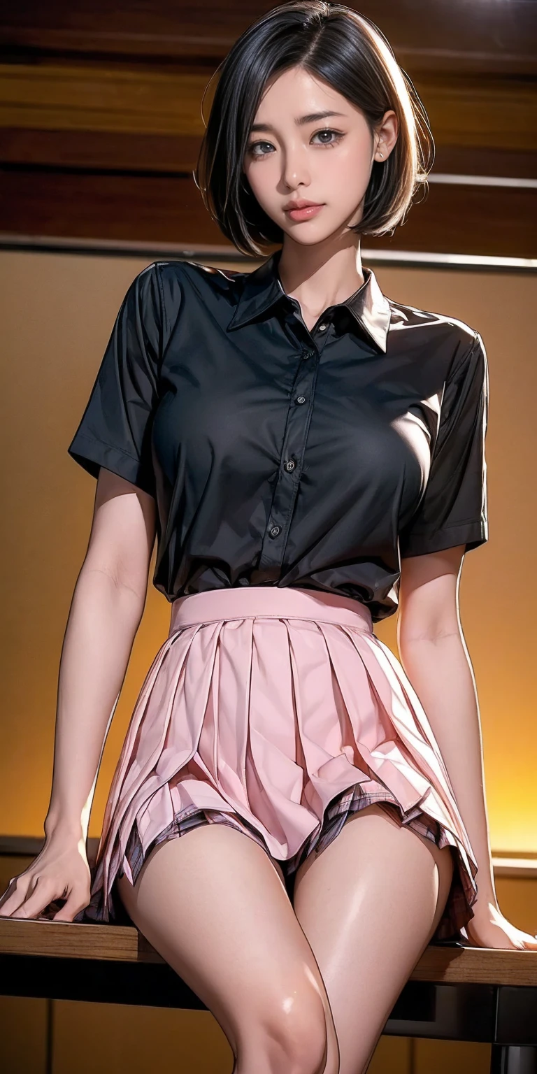 1girl,masterpiece,best quality,grey hair,(ponytails),blue eyes,(white stockings),(red plaid skirt),standing,in full length,medium breasts,white t shirt,in front of streets,extremely detailed,[[realistic]],beautiful alluring anime teen,seductive anime girl,