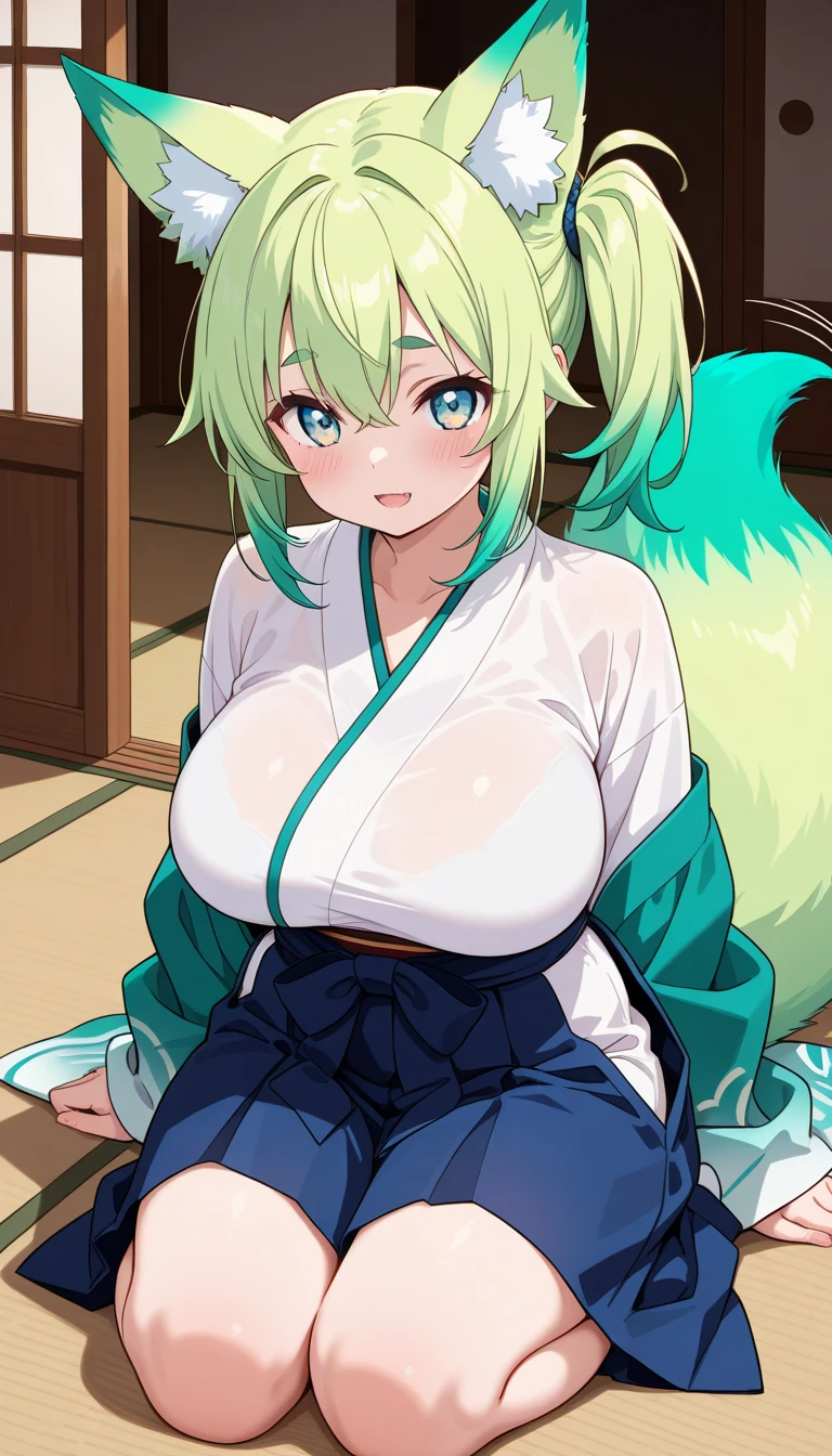 mayoi shigure, 1girl, solo, looking at viewer, blush, smile, open mouth, bangs, simple background, animal ears, cleavage, huge breasts, tail, japanese clothes, wide sleeves, pink eyes, official alternate costume, halo, obi, multicolored eyes, light green hair, yagasuri, grey kimono, bath yukata, weasel ears, background japanese futon,