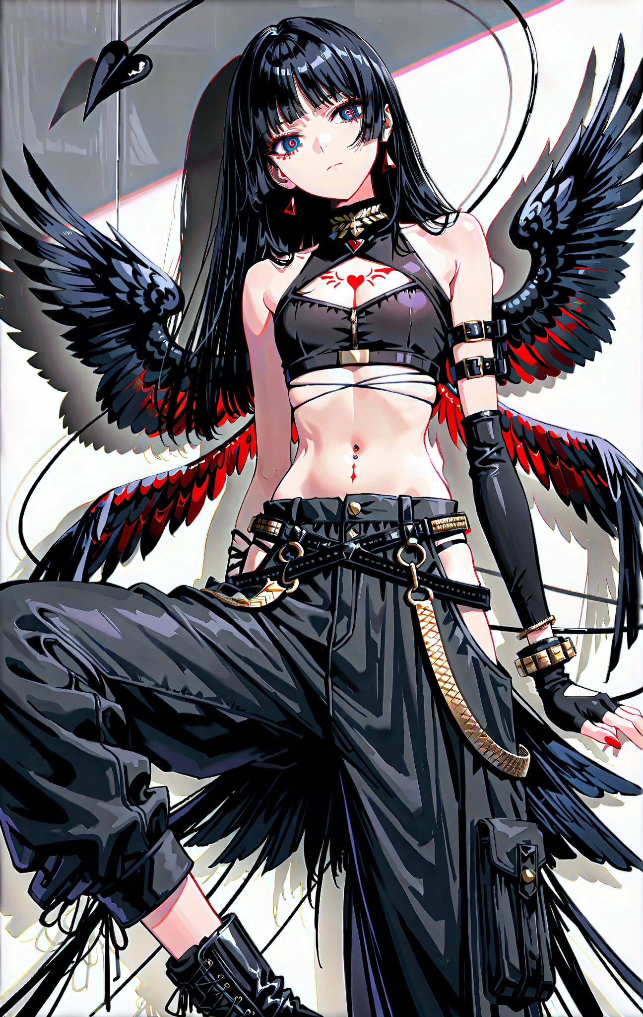 masterpiece、solo、girl、short、student、long black hair,straight hair、with bangs that cover the eyes、long bangs、Smooth Hair、center part、 Blue Eyes、Red pupils、pretty eyes、Half an eye、thick eyelashes、expressionless、black cargo pants with red accents, black boots with straps, and fingerless gloves. black arm cover、sleeveless high neck、Black high neck、belly button、I won't show you the space between your breasts、Put on a black costume、suggests calm, casual moment. flat chest、flat chest、spotlight on chest、white wall、Wings growing from his waist、Gradient Wings 、 spread wings 、bird tail 、Long, thin tail、cool vibe、Nail、 Anne Nuit、A wire-like line is wrapped around the arm、Elegant appeal 、Street vibe、cool pose、Dark Style、Military style 、 seamless 、 digital 、
