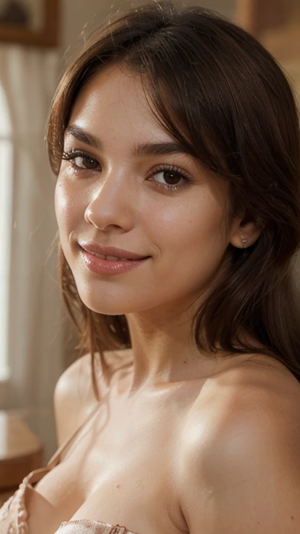 (1girl), Solo, Extremely cute, Amazing face and eyes, (Beautiful lovely smile), (extremely detailed beautiful face), bright shiny lips, (Best Quality:1.4), (Ultra-detailed), (A hyper-realistic, Photorealsitic:1.37), Beautiful fair skin, extremely detailed CG unified 8k wallpaper, RAW Photos, professional photograpy, Cinematic lighting,, naked portrait, nude photography, shiny nipple, show armpit 