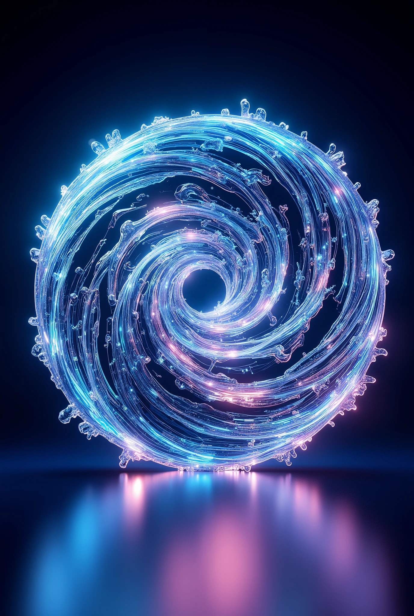 a circular design of the "Sea Art.ai"logo featuring a swirling vortex with sharpen distinct wave lines, a central energy core or holographic effect, and overlaid with an algorithm matrix image current background with a reflective surface, all rendered in a neon color scheme
