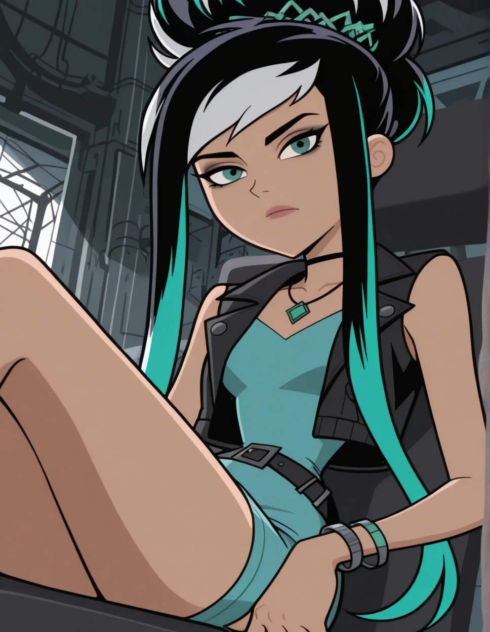 In a vibrant, stylized digital illustration, a miniature catgirl stands amidst a futuristic forest, reminiscent of Masamune Shirow's iconic cyberpunk aesthetic. The beautiful young feline, donning a black dress with a flared skirt and a bright yellow bow, showcases her alluring features. A sleek, slender tail, akin to that of a cat, extends from her back, adding a whimsical touch. Her striking features are accentuated by a subtle glow, as if lit by an otherworldly light. In the background, cybernetic trees and glowing orbs create a futuristic landscape, while the girl's pose exudes confidence and allure, inspired by Anya's charm in Spy x Family. The overall composition, reminiscent of comic book pinups, is a perfect blend of fantasy and science fiction.
