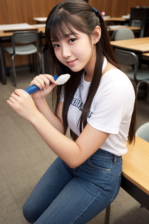 2girls,22years old,highschool student,(masterpiece, best quality:1.2), 8k, official art, raw photo, incredibly absurdres, ,office girl,beautiful girl, pretty face, bobcut, teen, office room, looking at viewer, ,(cowboyshot:1.3),(small brests:1.2),(skinny:1.2),(smile:1.2),,white panties,big whiteboard,stand in front of the whiteboard,(writing on the whiteboard:1.0),In a meeting,conference room,Main conference room,(have pen in hand:1.0),(have whiteboard in hand:1.4),office desuk,office chair,large conference table,Male employee,Many female employees,(dildo on the table:1.5),(sextoy on the table:1.5),(hold a dildo in hand:1.5),