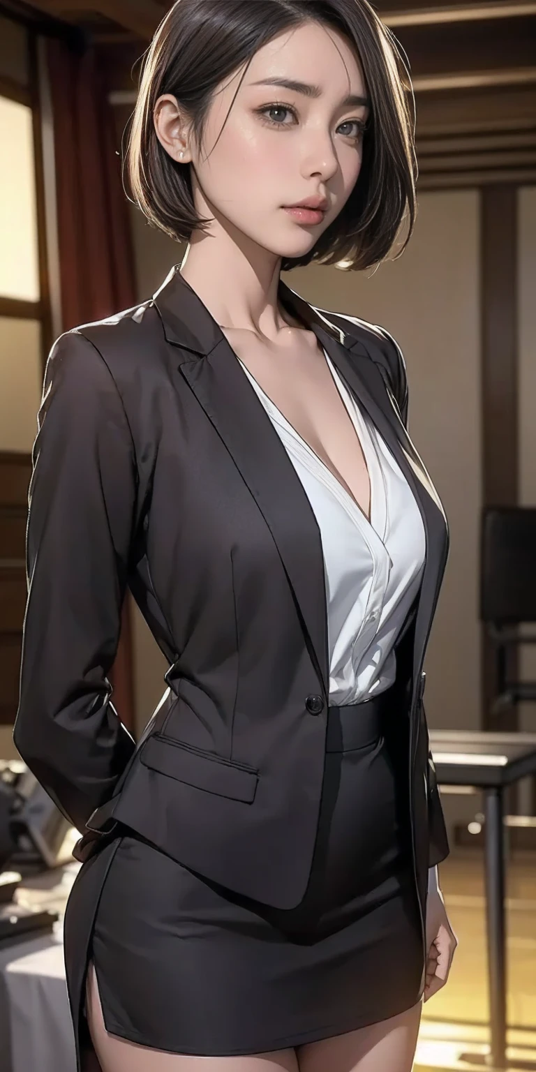(((Perfect body,White and tender skin,(((black necktie, black pants, business suit, formal, long sleeves, necktie, pants, suit,,))),(((kobeni higashiyama, black hair, hair ornament, hairclip, ponytail, short hair, (brown eyes:1.5),))),((masterpiece)),highres,((Best quality at best)),masterpiece,quality,Best quality,((( Exquisite facial features,Looking at the audience,There is light in the eyes,(((pain,endure))),))),(((Light and shadow,Huge breasts,))),(((Looking at the camera,White background))))