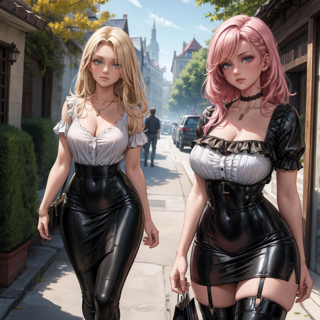 ((2 girls), solo, clevage, Big round breasts, trendy, stylish, clevage, thighs, hips, realistic, pink hair, blonde hair, light green eyes, lip gloss, detailed face, amazing big eyes, eye details, big lips, eyebrow details, blush, smirk, naughty, mischevious face, HD, good quality, thick thighs, attractive, black heel boots