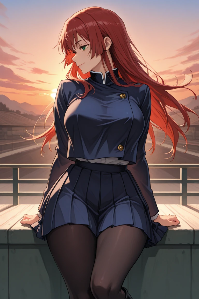 anime girl, hairtye, red lips, blue eyes, red nails, beautiful, hourglass body, slim, crossing legs, at the park.