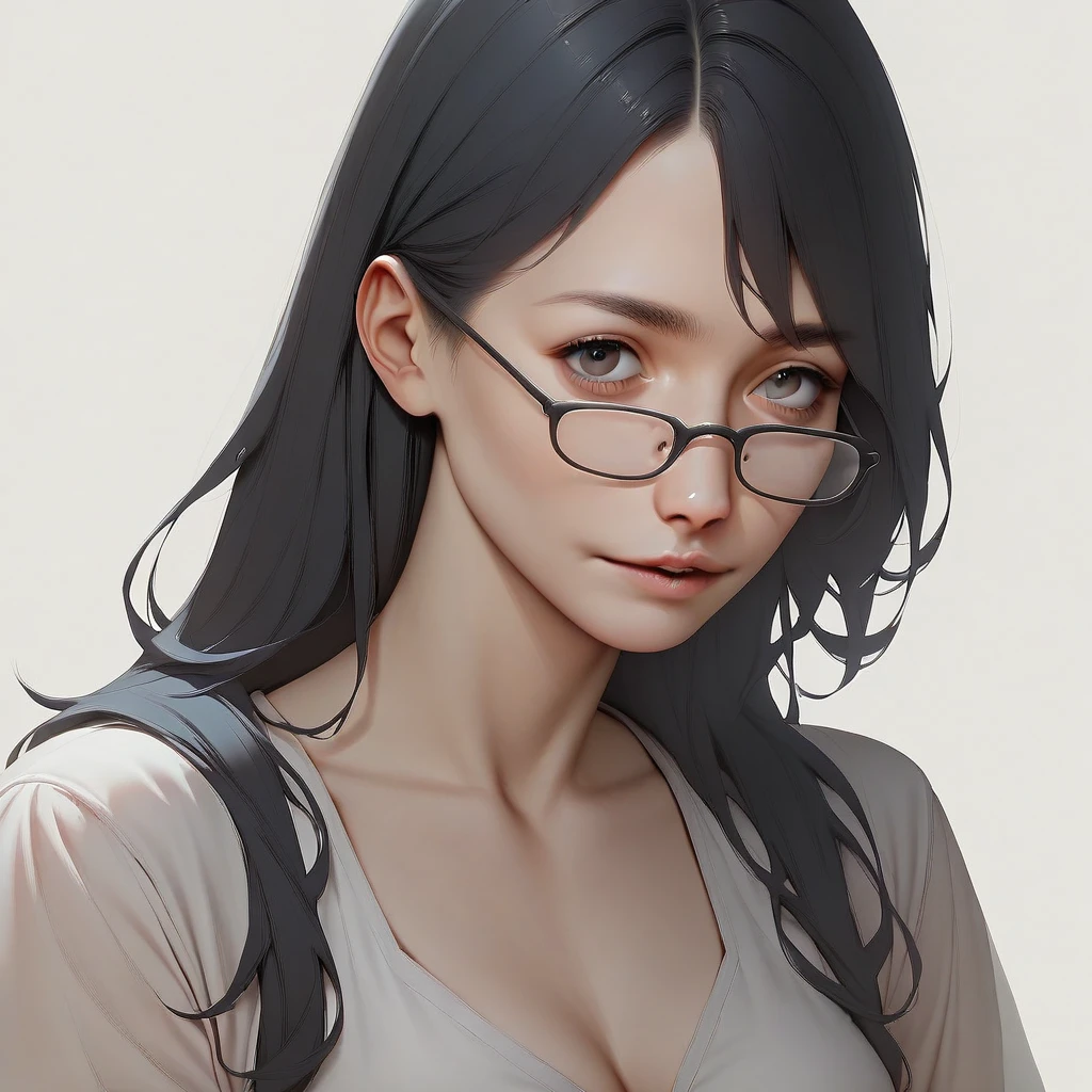a woman with long, straight dark hair that extends past her shoulders. She has bangs and is wearing rectangular glasses. Her facial expression appears serious or neutral. She is wearing a light blue collared shirt. The woman has a slender build and fair skin. The background behind her is a solid golden-yellow color.