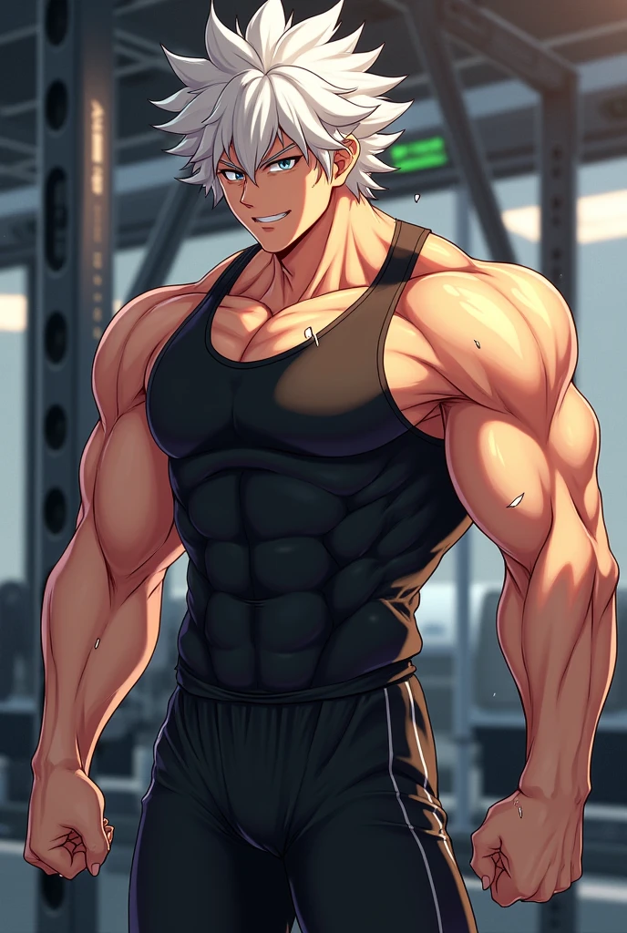 Anime guy about 16 years old shirtless runs with 6 pack abs with white hair and green eyes 2 picture with a very tight shirt runs 