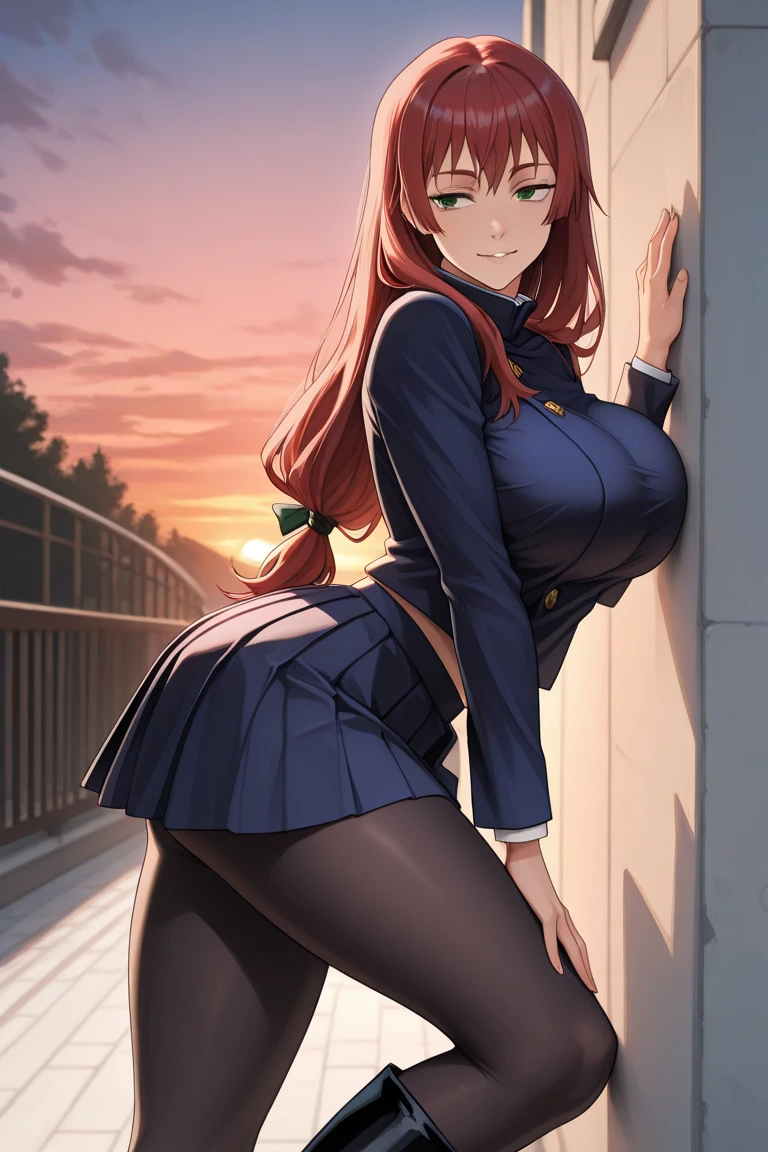 (masterpiece), best quality, highres, ultra-detailed, (young girl, solo), (back shot), (schoolgirl uniform), (smile face),  red hair, dark black brown skin, huge long wide breasts, (wide hip, thick, curvy), (outdoor background),