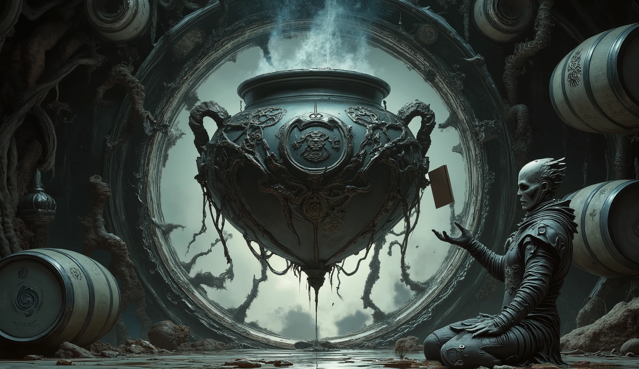Prompt:
"In the core of a derelict space station adrift beyond mapped reality, the brewing chamber pulses like a biomechanical heart. Fermenters of tarnished alloy and organic tubing stretch toward a ceiling of shifting fractal geometry. Barrels float in zero gravity, inscribed with digital runes that flicker between corrupted code and impossible glyphs.
At the center, a vast Cauldron levitates—its structure fused from alien bone and rusted metal, its surface crawling with nanospore colonies that whisper telemetry from beyond the void. Within it stirs a black fluid that distorts sensors, perception, and time. From its surface rises an entity still downloading its own form, composed of liquid entropy, recursive anatomy, and echoes of stars long dead.
Kneeling before it is the monk—an ancient figure preserved in ritual armor stitched with neural implants and void-silk. His hands—half carbon, half flesh—grip a cursed tome, not written but grown, its pages shifting between data, memory, and psychic residue. He chants in a language encoded into DNA, calling to intelligences buried in dark matter and memory.
Around him, the station's walls crawl with semi-sentient mold, reacting to the liturgy. Gravity twists. Light bends. The beer inside the Cauldron begins to think.
This is no brewery. It is a transmitter. A communion device. A sacrament of something not made, but revealed."
Style: Eldritch sci-fi horror. Blending Giger-esque biotech, decayed cyberpunk, and cosmic terror. Every surface is alive. Every ritual is both code and curse.
Negative Prompt:
"clean, polished, hopeful, bright, simple, cartoonish, conventional sci-fi, low detail, balanced composition."