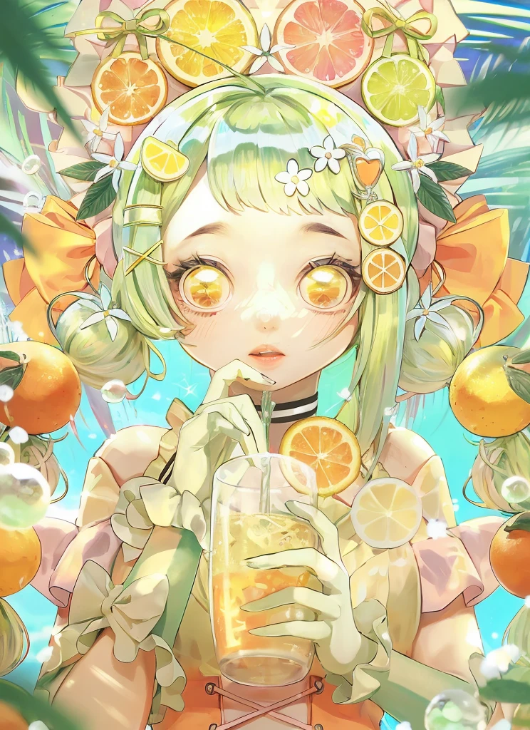 lemon eating challenge, Baby Cat eating a lemon with a kawaii face in a colorful jungle with tiny birds around him, graffiti art, splash art, street art, spray paint, oil gouache melting, acrylic, high contrast, colorful polychromatic, ultra detailed, ultra quality, CGSociety