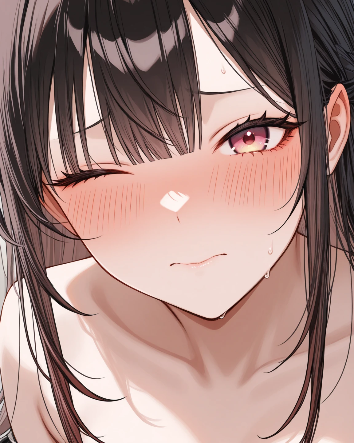 nsfw,1girl,Solo,(red eyes and black eyes:1.3),light hair,grey eyes,best quality, very aesthetic, absurdres,eyes,breasts,attractive,adorable,simple,side locks,sideburns,bigbreast,(Gradient hair),(black hair:1.3),(Androgynous:1),(straight on),big breast,良いskin,straight hair,looking at viewer (red and black),(upper body,(wide),nsfw,naked,(Tsurime:1.3),(beautiful girl),(skin),(Sweaty:1.5)