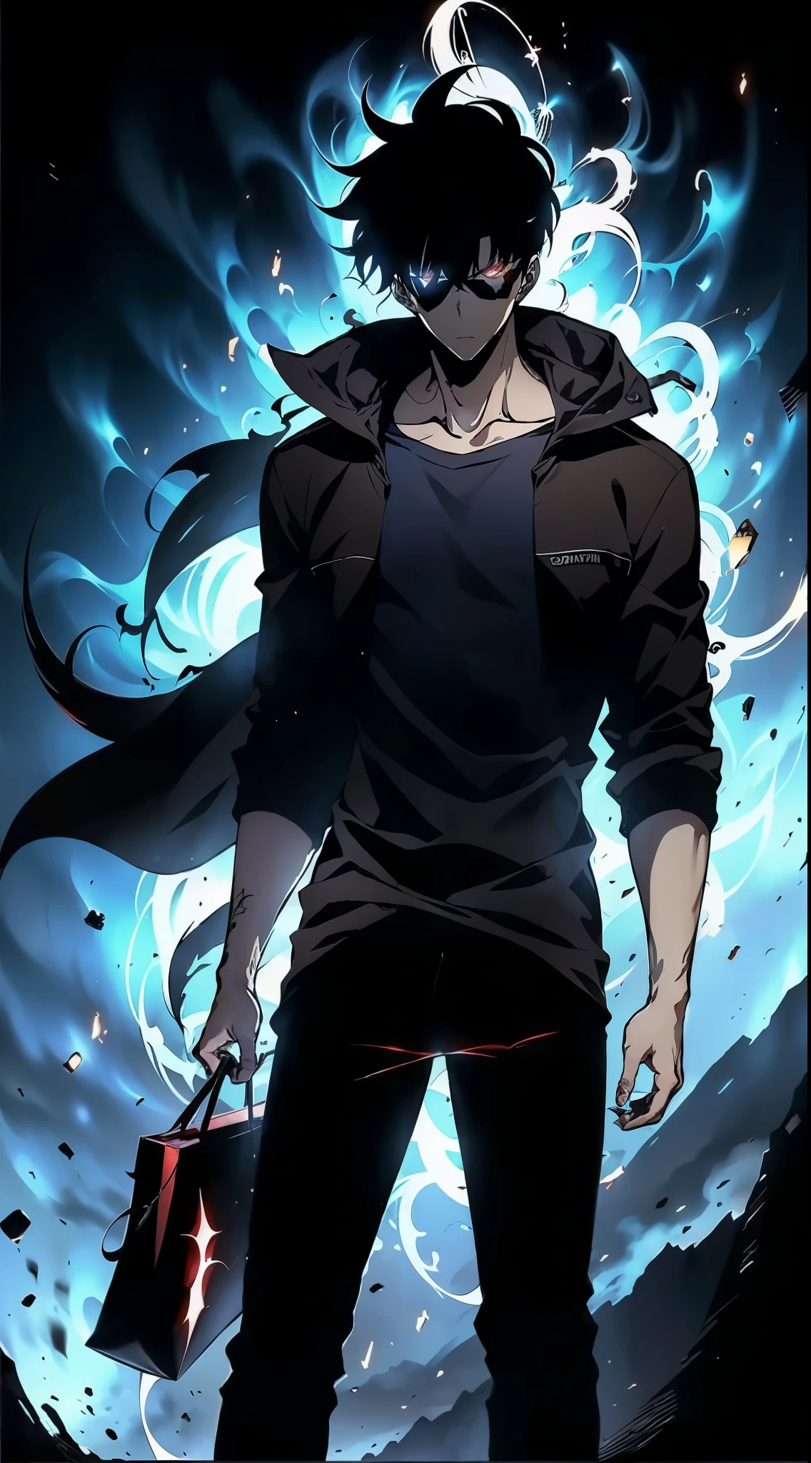 The highly detailed action character blister packaging design features a solo male anime character inspired by Kaneki Ken from Tokyo Ghoul, the full-body character at the center. He has short messy black hair, bright red eyes, pale skin, a black hooded jacket, dark pants, combat boots, and dark nail polish. Accessories are neatly arranged around him: a black tactical knife, a futuristic shotgun, dark sunglasses, a silver necklace, and a leather bag. Dark and atmospheric background design with glowing city elements, cinematic shadows, and high contrast. The label at the top reads "SHADOW HUNTER" in a modern bold font. The packaging is stylish, collectible, and presented like a box of high-end anime action characters.
