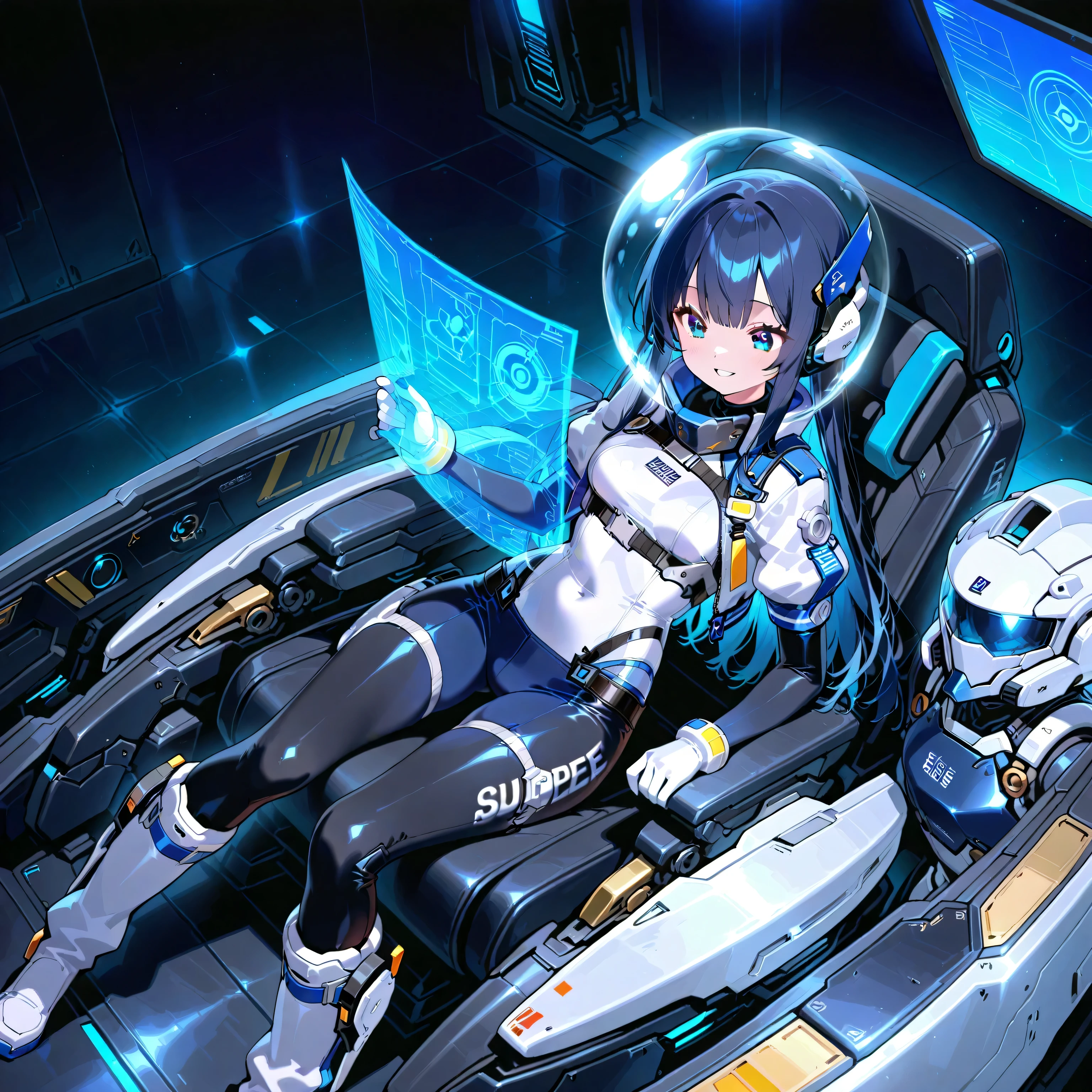 (( holographic glossy effect)),(masterpiece、top quality、highest resolution、 clear _ images、 Detailed Details 、 The angle is from above ): (solo、one girl、the face of Japan、super shortcuts、Dark Blue Haired Girl 、small breasts、(perfect body:1.4)、 sparkling blue eyes 、( White and Navy Shiny Clothes 、White and navy bodysuit、 White and Navy Blue Tight Clothes 、 Wear White and Navy Full Coverage 、 White and Navy Thigh Covering Pants 、White and Navy Shoulder Cover Outfit、 White and Navy Cropped Jacket 、 White and Navy Shiny Clothes 、dark blue tight-fitting pants that hide legs、 hide skin 、Armor to hide the chest、Biological Amplifiers, Refined Armor, Sleek and futuristic bubble war helmet)、very delicate and beautiful、detailed skin from sleeve to chest、slender body、exoskeleton、cute、Friendly Smile、soft expression、heroine、white and navy blue long hard boots、 elbow length gloves )、Mscockpit,cockpit,fantasy,Romance,action,sci-fi,TEEROR,comics,nfws, hero ,Mecha,Mechanical,Machine,cartoon,Polished floor, all-sky perimeter monitor