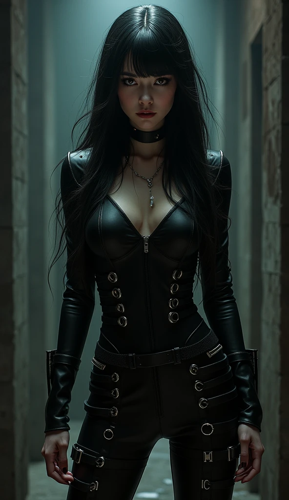 Sexy sexy sexy woman triumphant look with vampire vibes long hair on a street with light on the background sexy leather top very feminine bokeh cinematic background dark lighting 16k realistic and with many details black hair