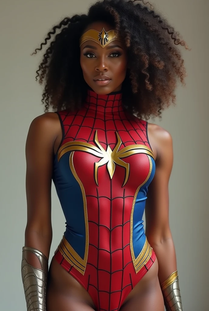 Vixen from Justice League and DC comics, a moor woman superhero, dons an vibrant orange jumpsuit in this photo-realistic representation. With her fierce and confident gaze, she embodies strength and power. Her curly,Afro hair cascades down her shoulders, framing her strong, determined face. The jumpsuit, adorned with animal prints, highlights her athletic build and toned muscles. Vixen's hands are clenched, ready for action, adding an element of intensity and preparedness to the image. The image is captured in high definition, with sharp details and precise lighting. The vivid colors of her costume pop against the backdrop, making her a